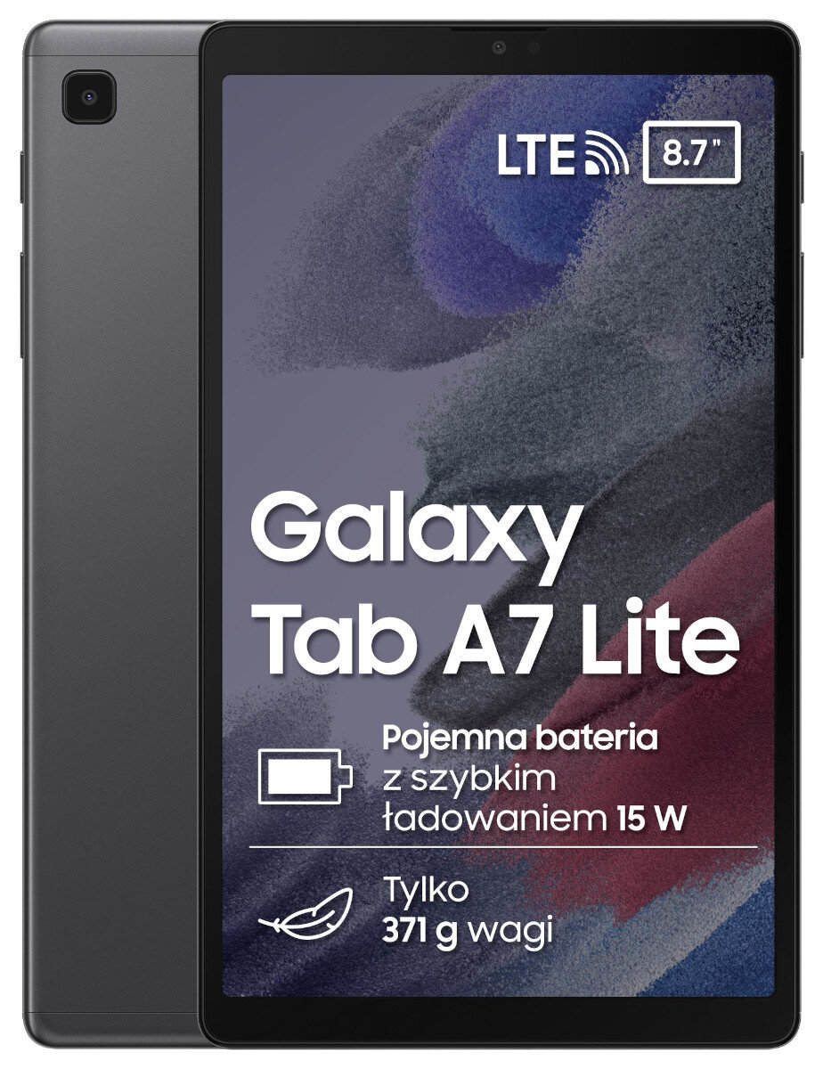 Tablet z ciemnoszarym tyłem i ekranem z tekstem, białe tło.