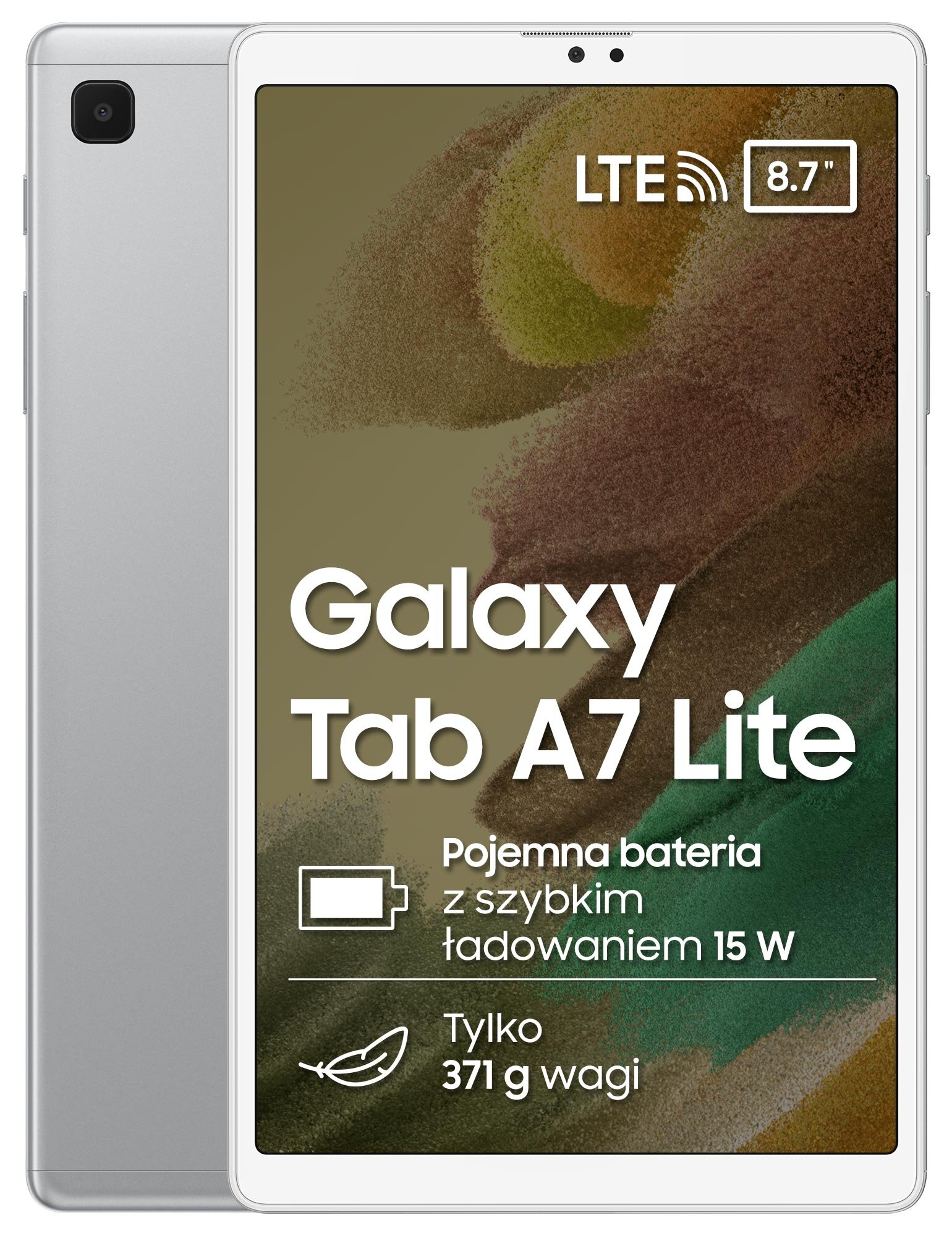 Srebrny tablet, Galaxy Tab A7 Lite, pokazujący przód i widok z boku oraz logo LTE.