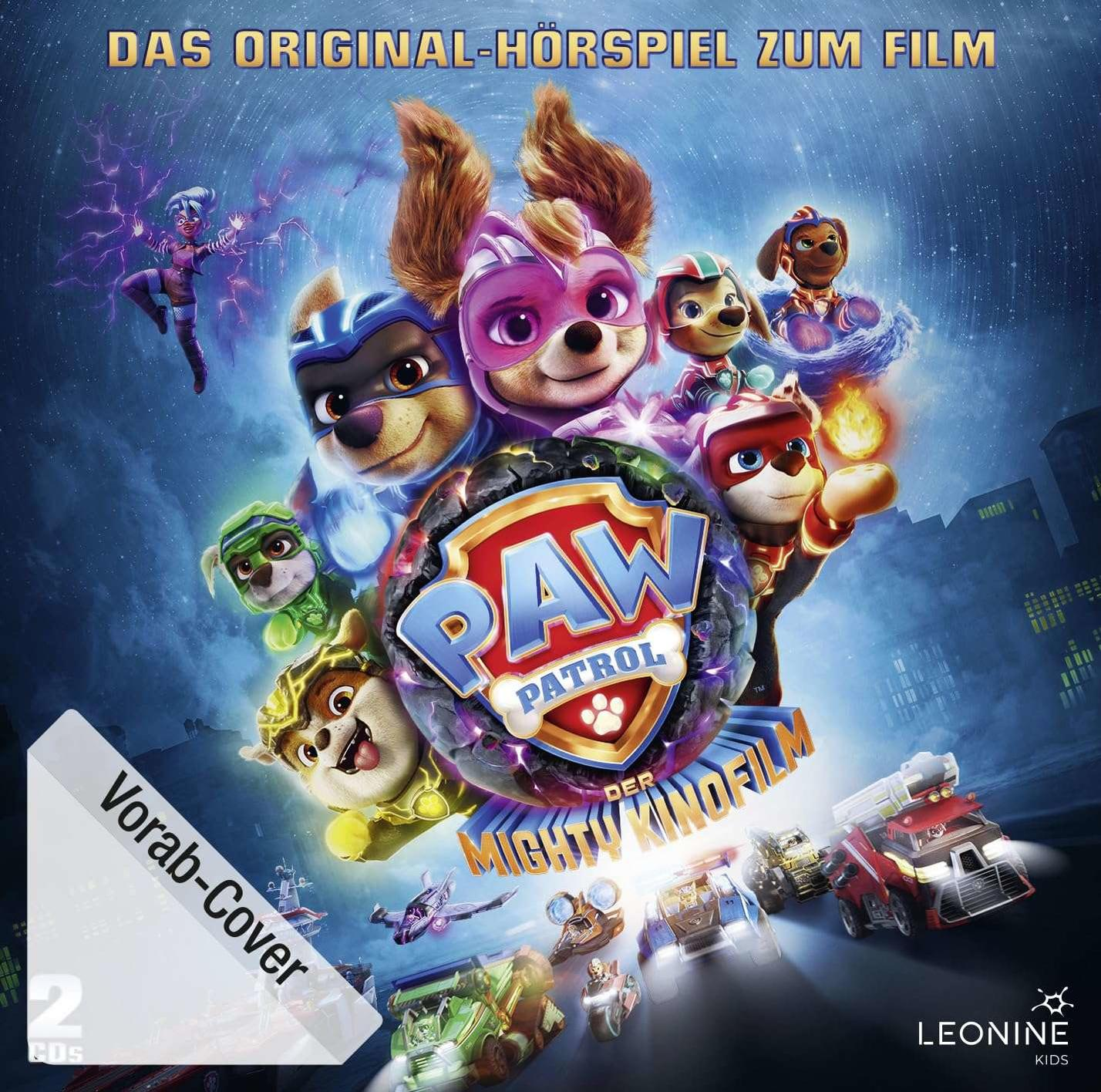 PAW Patrol Filmcover mit Cartoonfiguren und Fahrzeugen. Es steht „Vorab-Cover“ drauf.