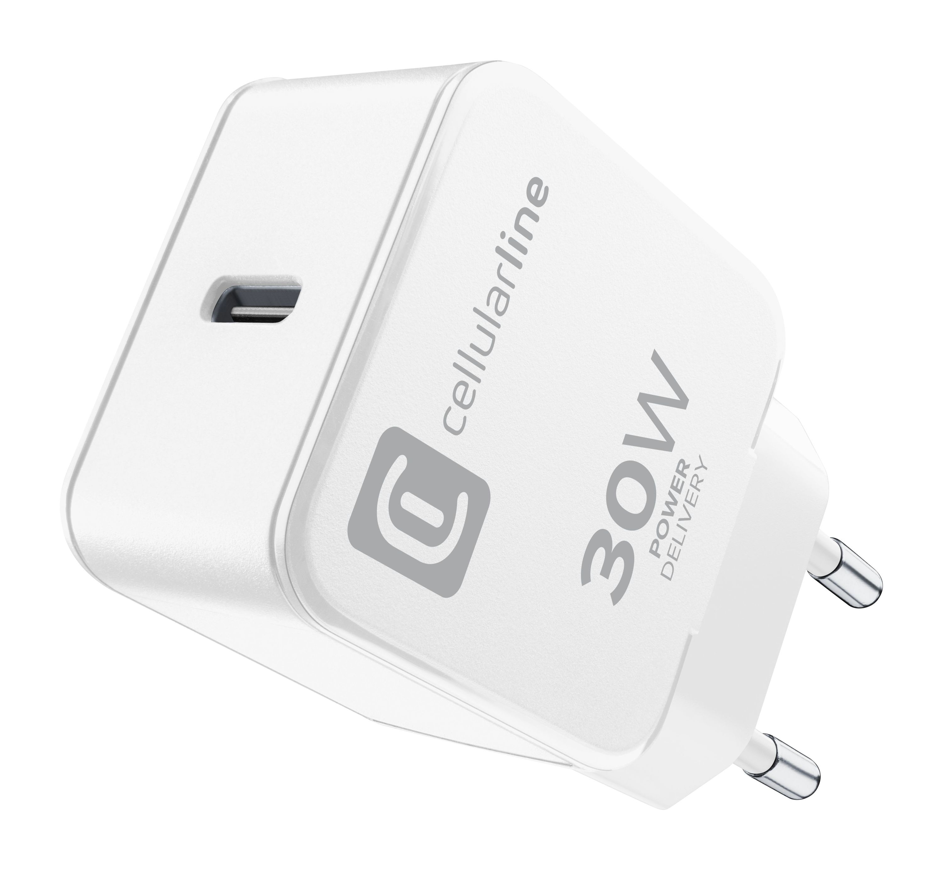 Weißes Ladegerät mit 30W Ausgangsleistung, zwei Stiften, mit einem USB-C-Anschluss.