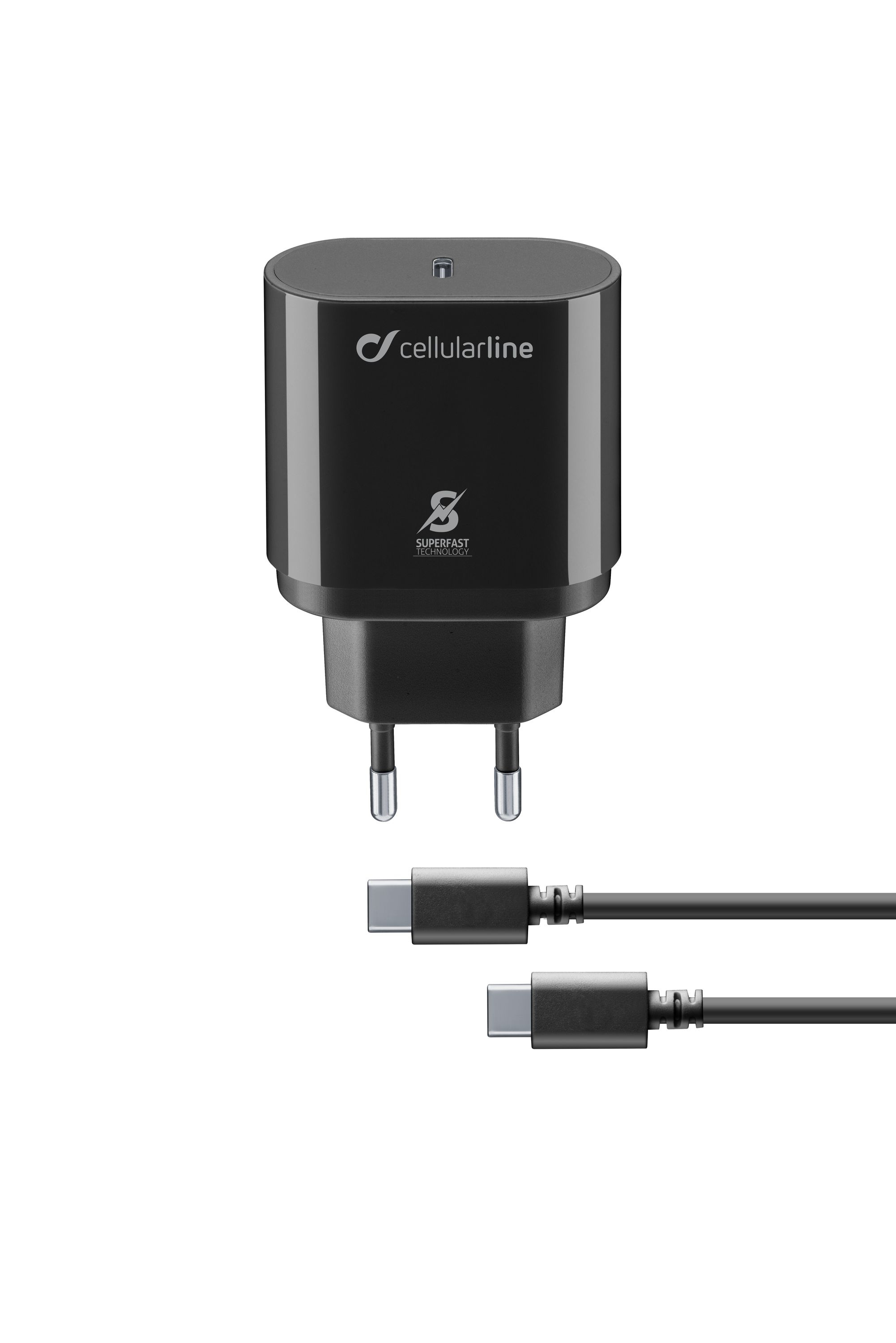 Schwarzes Ladegerät mit zwei Ladekabeln. Es hat einen USB-C-Anschluss und das Markenlogo darauf.