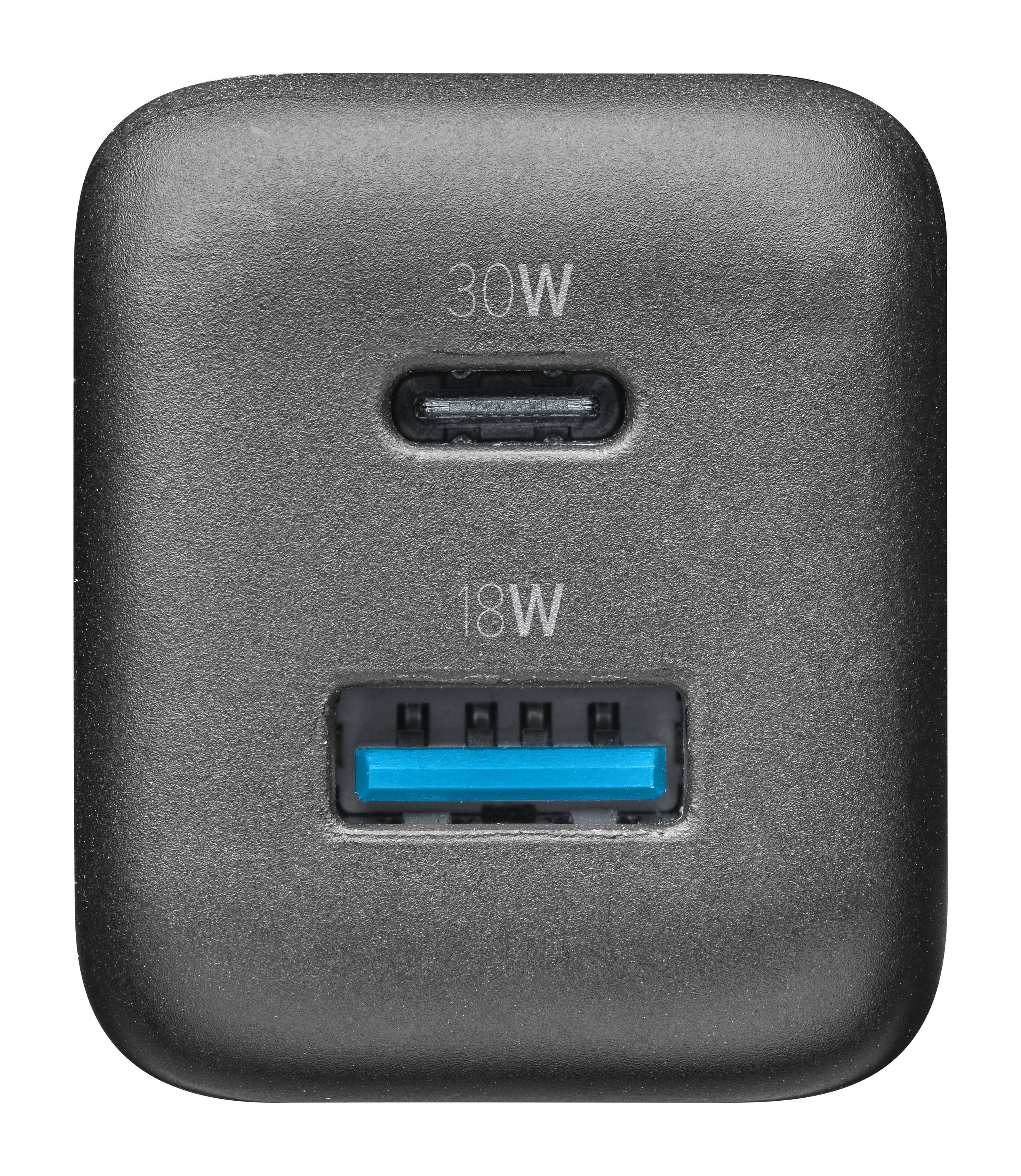 Ein graues Ladegerät mit zwei Anschlüssen, beschriftet mit 30W und 18W.