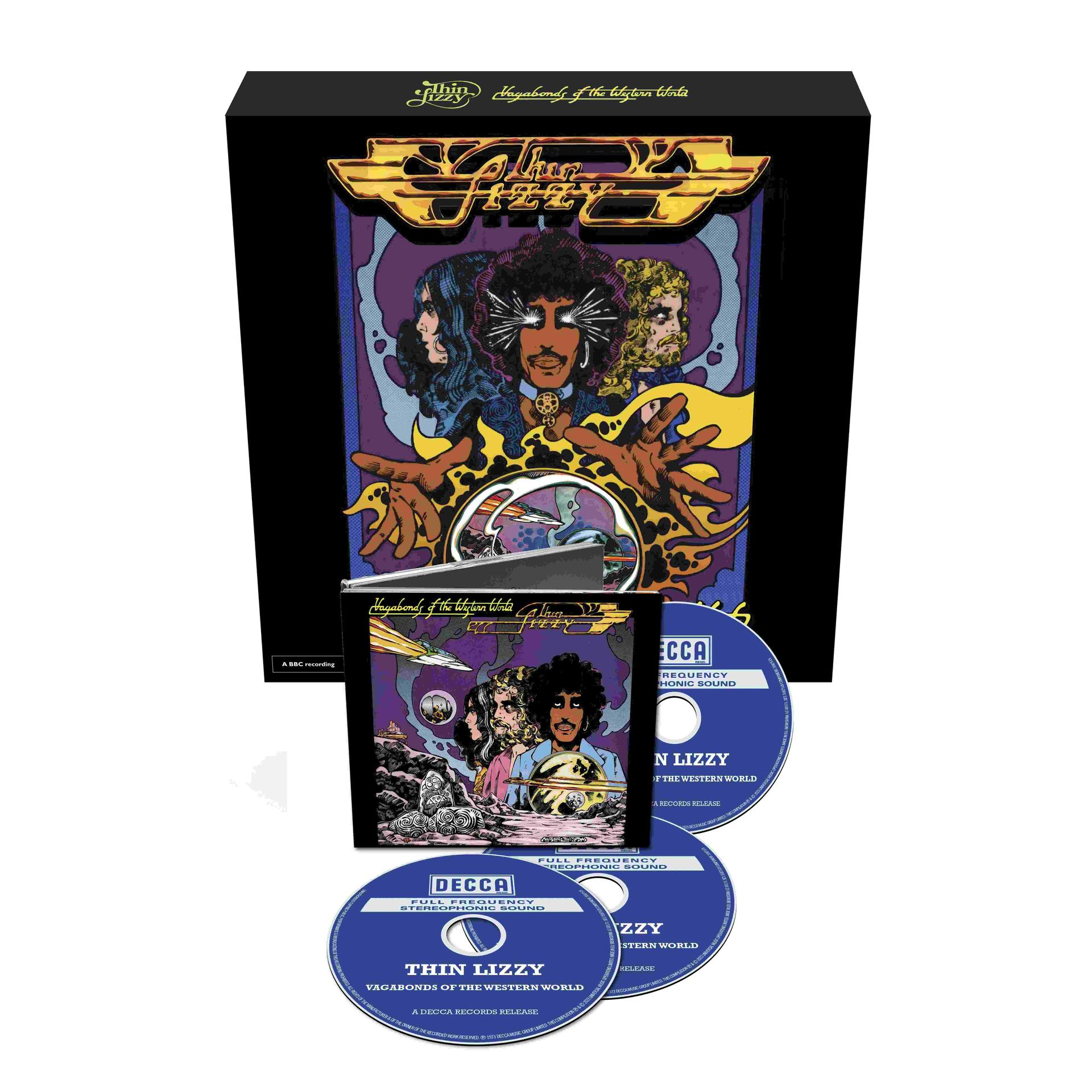Thin Lizzy Album-Boxset mit Albumcover und zwei CDs. Schwarze Box mit Goldaufdruck.