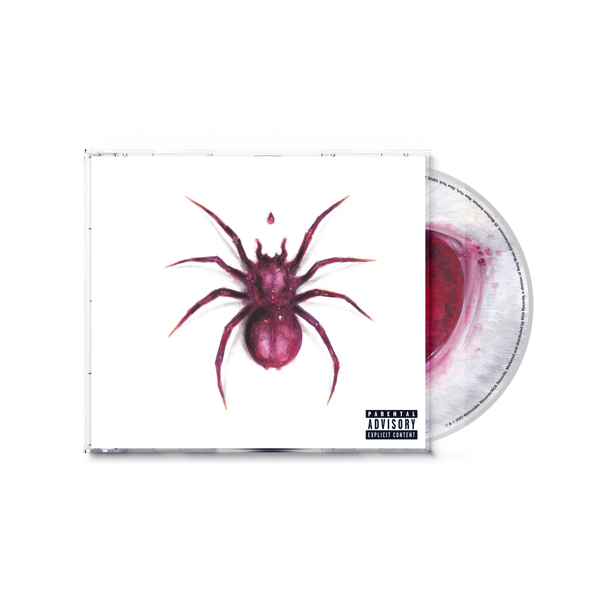 CD-tok lila pókrajzzal a borítón, a CD részben látható.