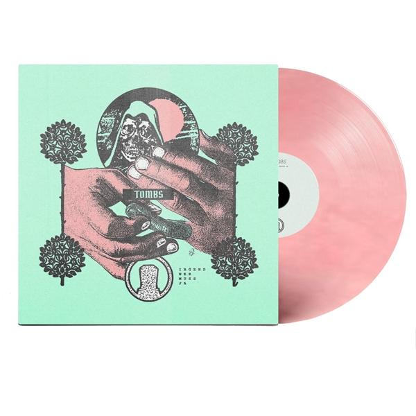 Eine rosa Vinyl-Schallplatte und Hülle. Das Cover ist grün mit einem Totenkopf, Händen und Text: TOMBS.