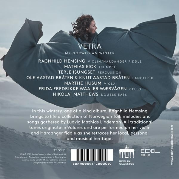 Albumcover für 'Vetra - My Norwegian Winter'. Enthält Künstler, Titelliste und Winterlandschaftsbilder.