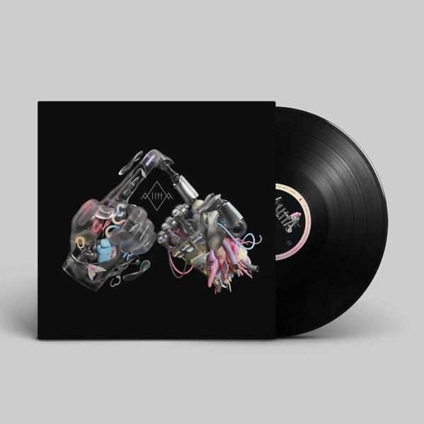 Ein Vinyl-Albumcover mit zwei abstrakten Händen, eine Schallplatte befindet sich auf der rechten Seite.