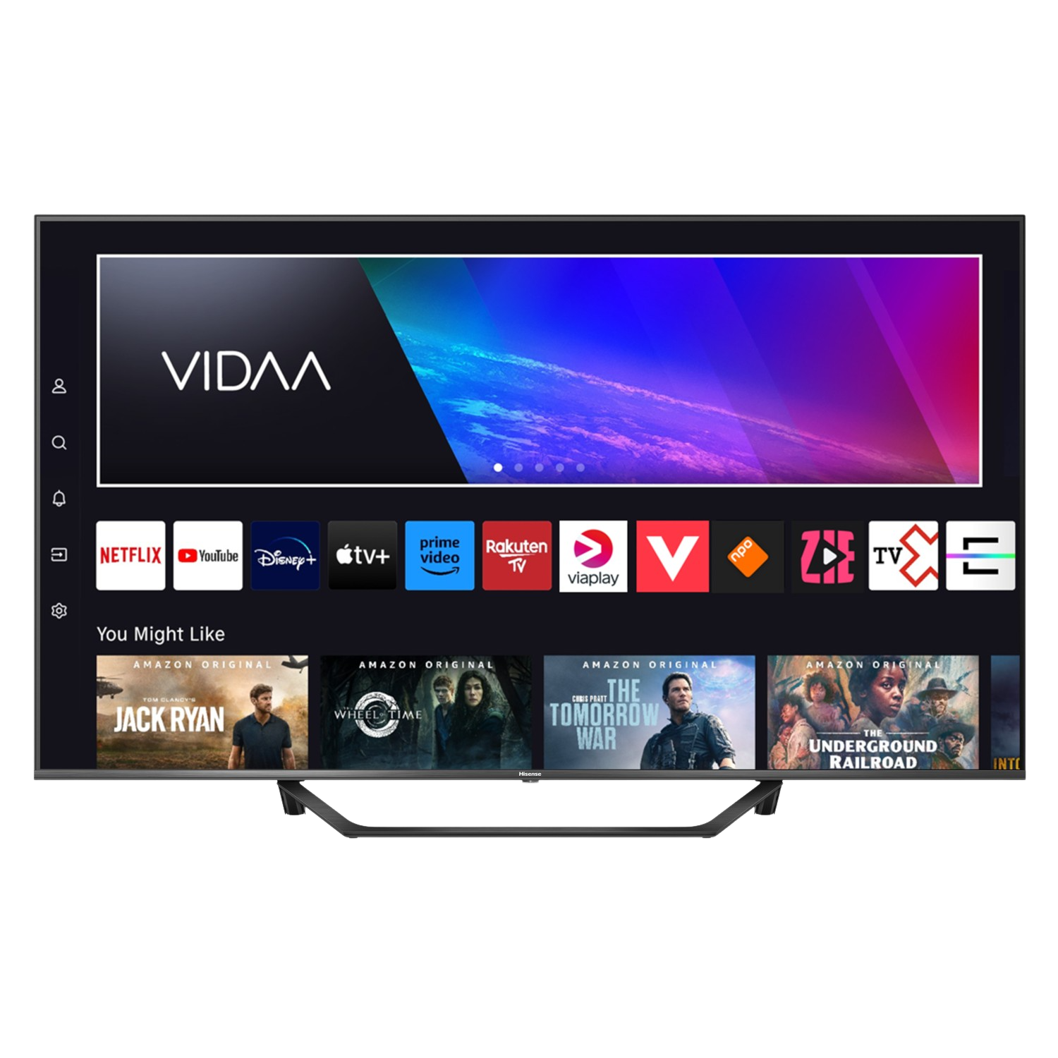 Groot tv-scherm met een kleurrijke interface met app-pictogrammen. Hieronder verschillende filmposters.