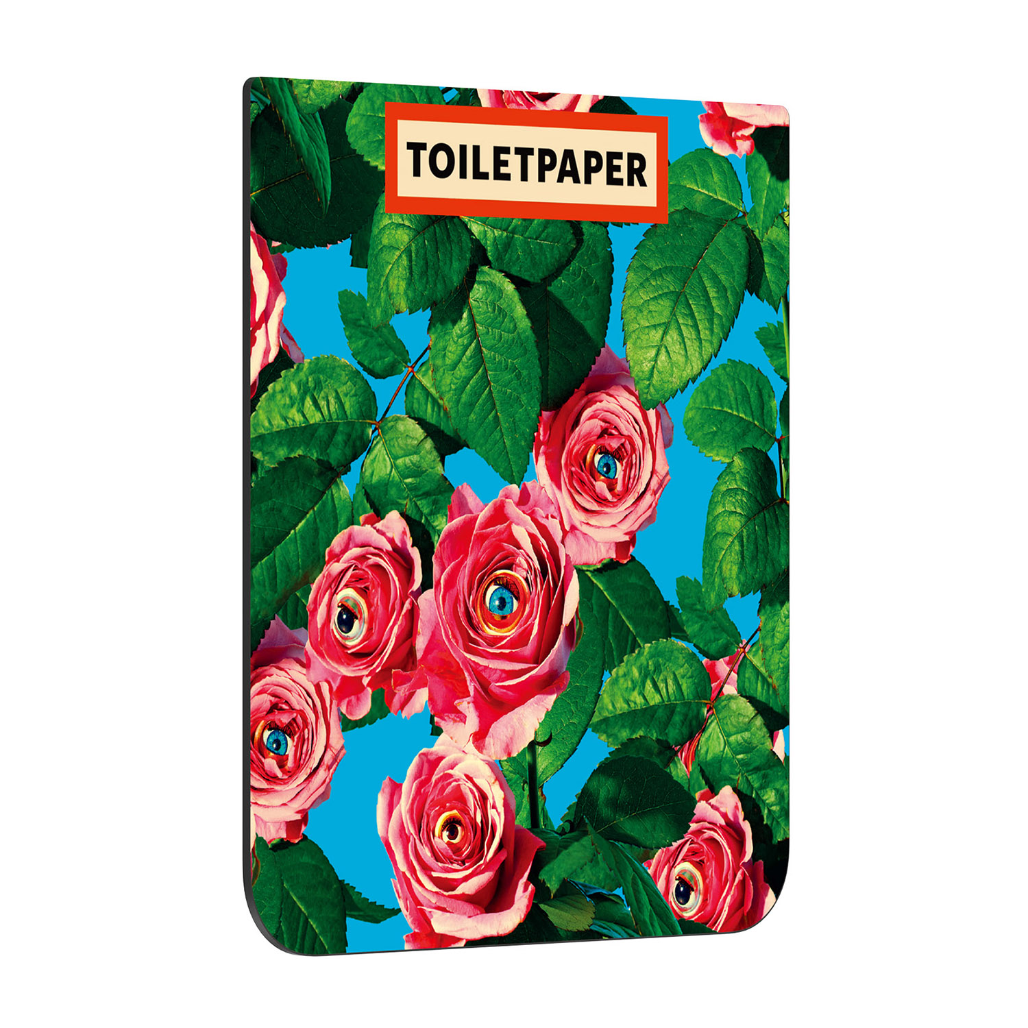 Una copertura per rotolo di carta igienica con un design floreale e occhi sui fiori, con sfondo blu.