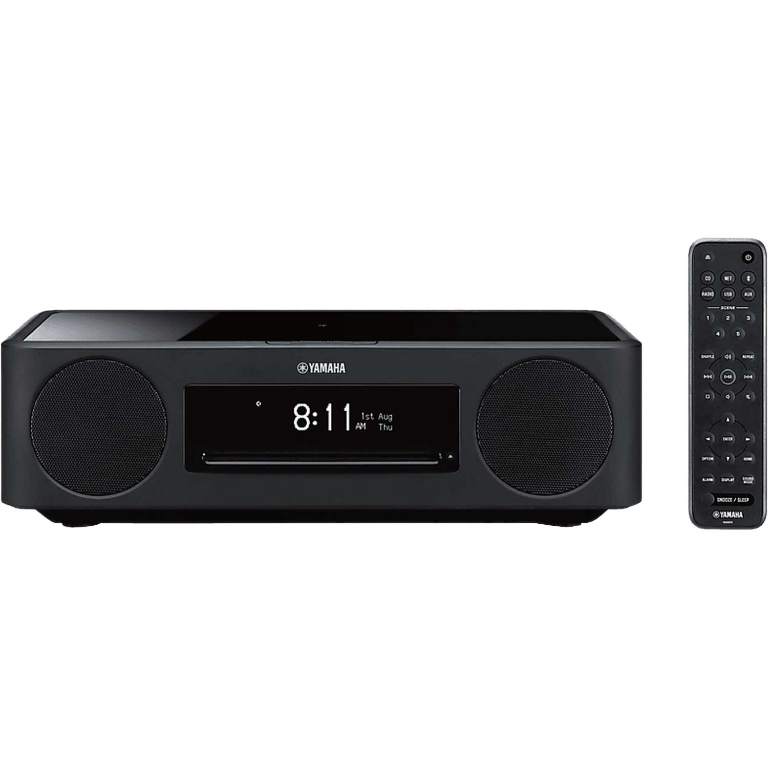 Un système audio Yamaha noir avec une télécommande.