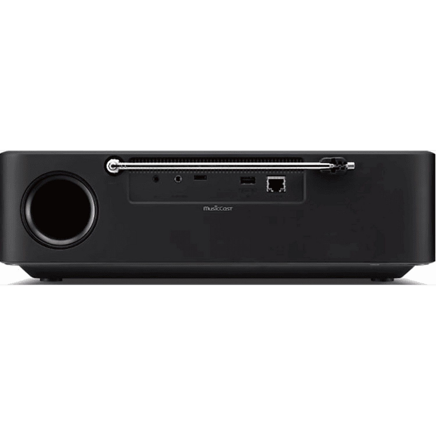 Appareil audio noir avec un haut-parleur et plusieurs ports. Sur fond blanc.