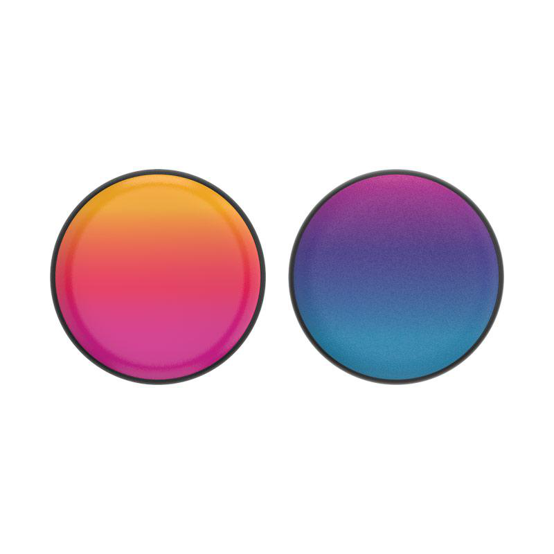 Zwei runde PopSockets. Eins orange-rosa Farbverlauf, das andere lila-blau.
