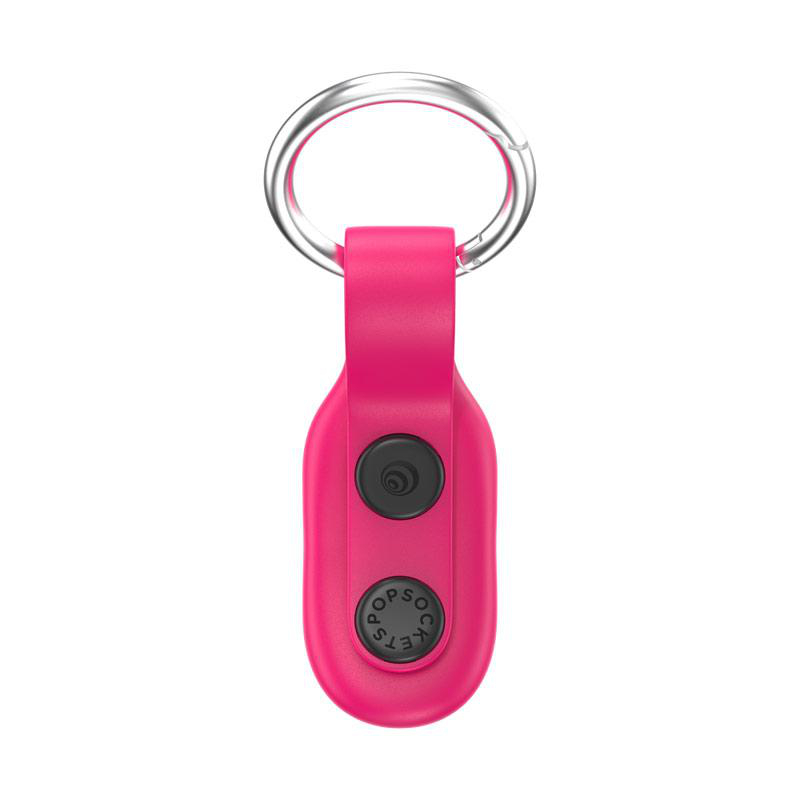 Pinkfarbener Popsocket. Es hat einen Metallring und das PopSockets-Logo.