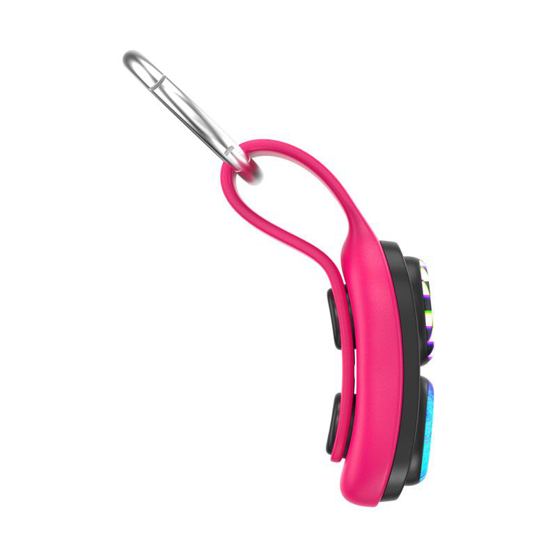 Seitenansicht eines rosa-schwarzen Geräts mit silbernem Clip. Es ist ein tragbares Zubehör.