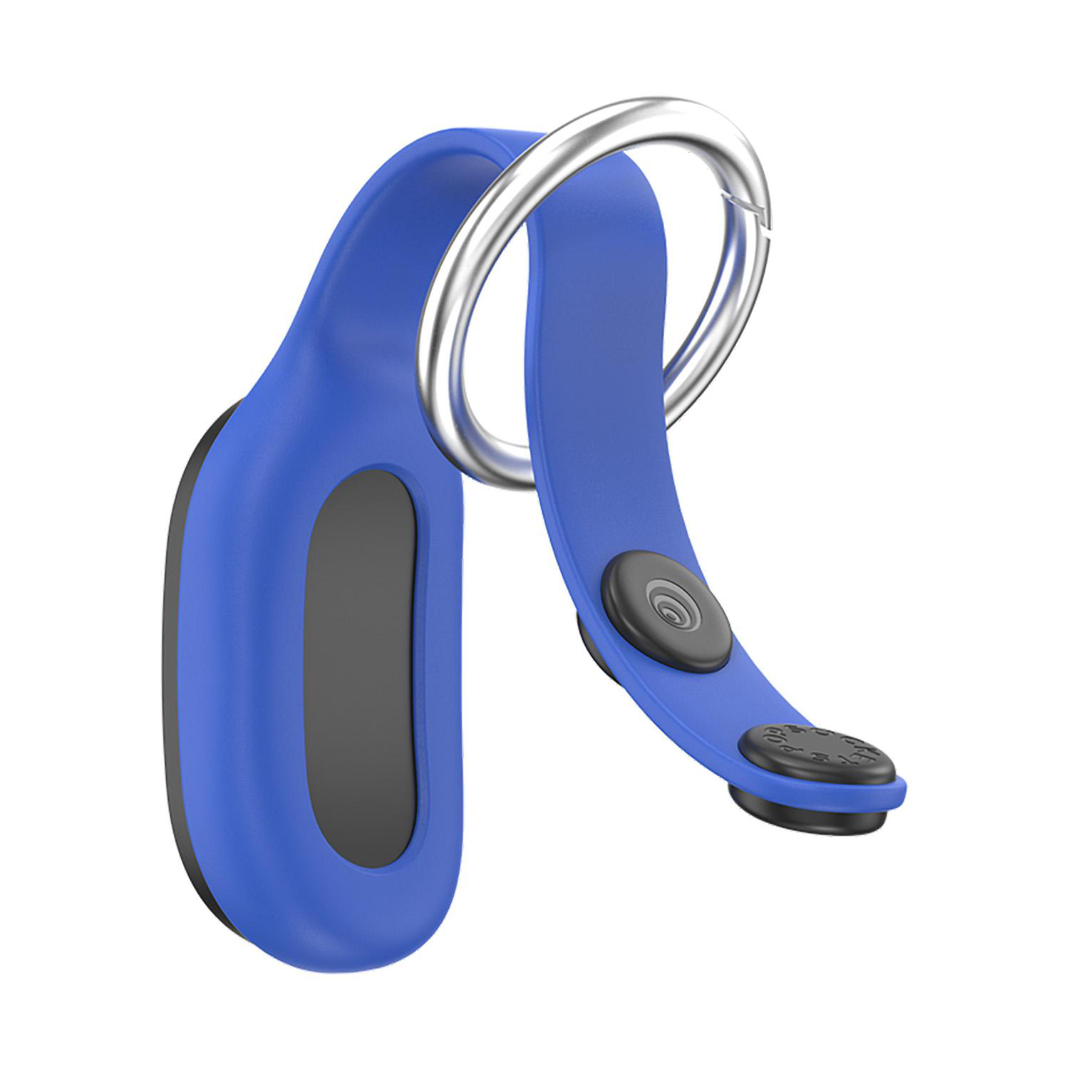 Blauer AirTag-Halter mit silbernem Ring zum Befestigen.