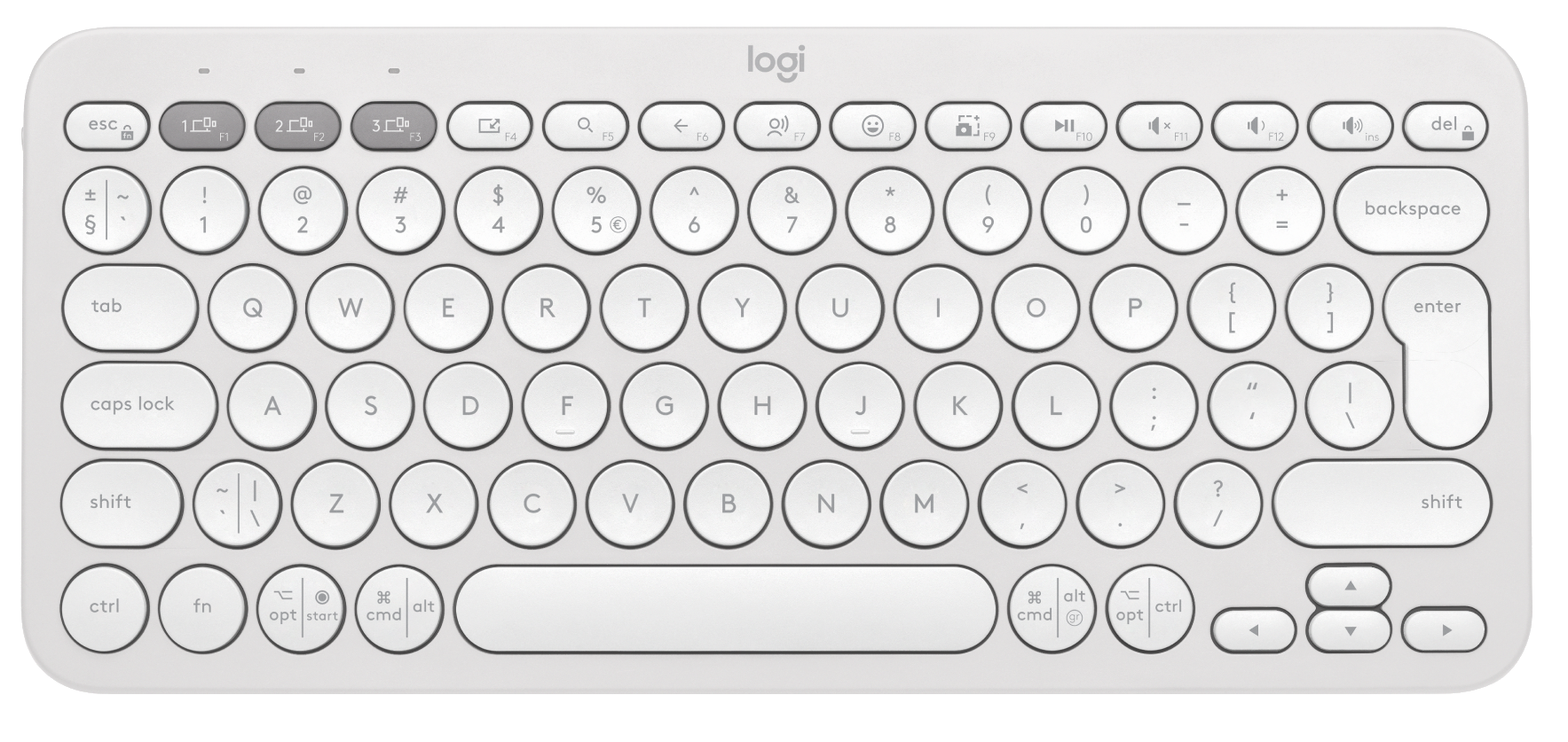 Egy fehér billentyűzet kerek gombokkal, vékony kialakítással és Logitech logóval.