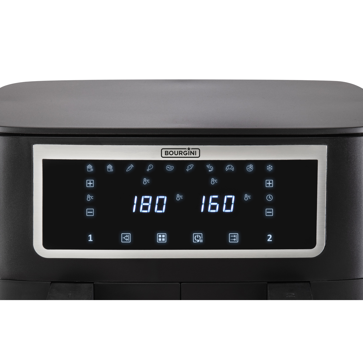 Zwarte airfryer met digitale display. Toont temperatuurinstellingen en verschillende kookiconen.