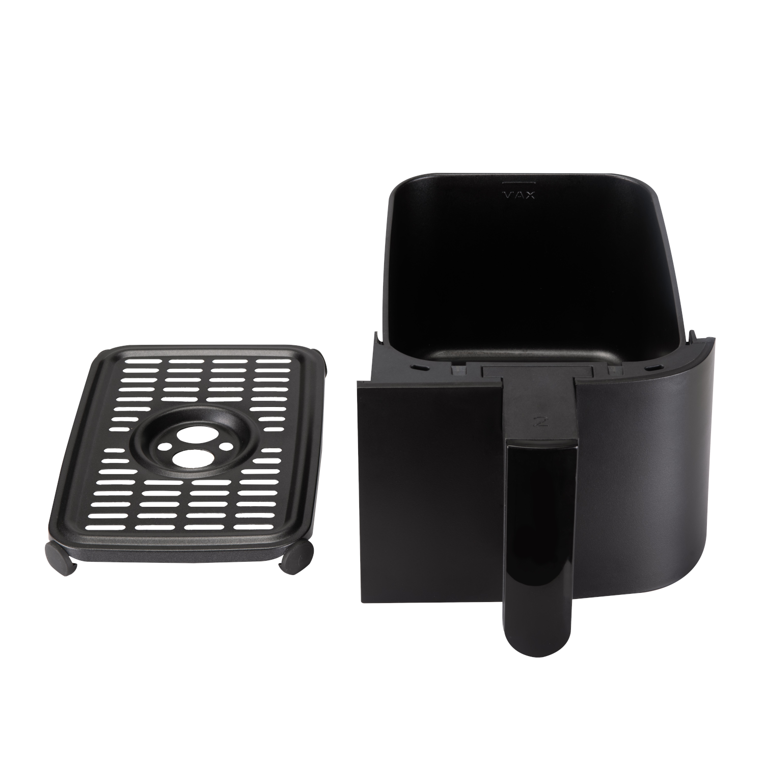 Een heteluchtfriteuse met de mand en de lade naast de hoofdbehuizing. De friteuse is zwart.