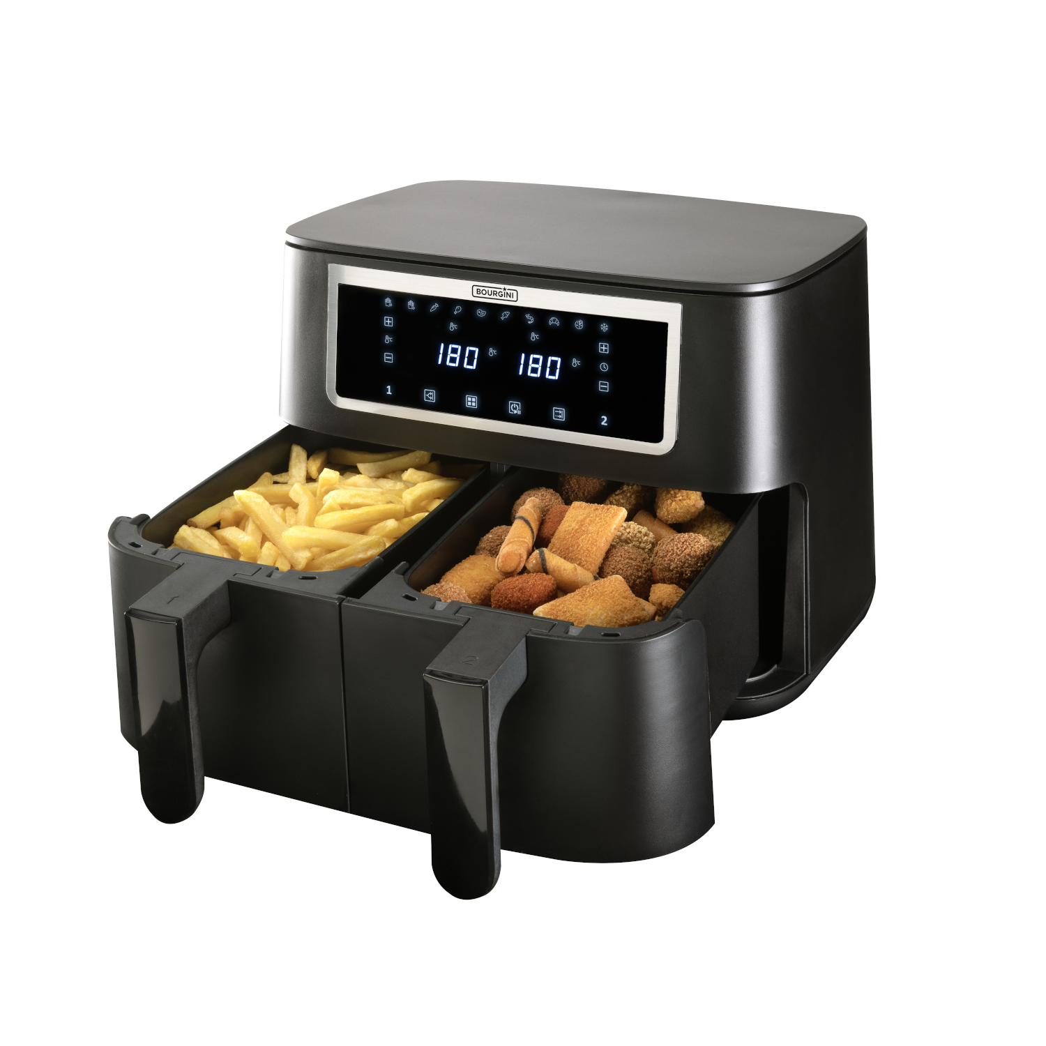 Zwarte heteluchtfriteuse met twee compartimenten, met temperatuurinstellingen.