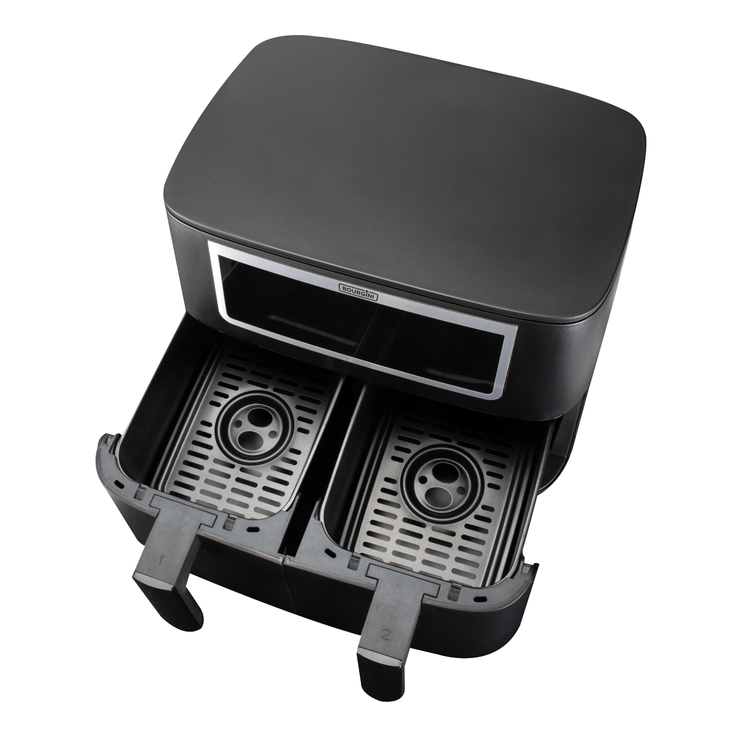 Zwarte airfryer met twee bakken, met interne componenten.