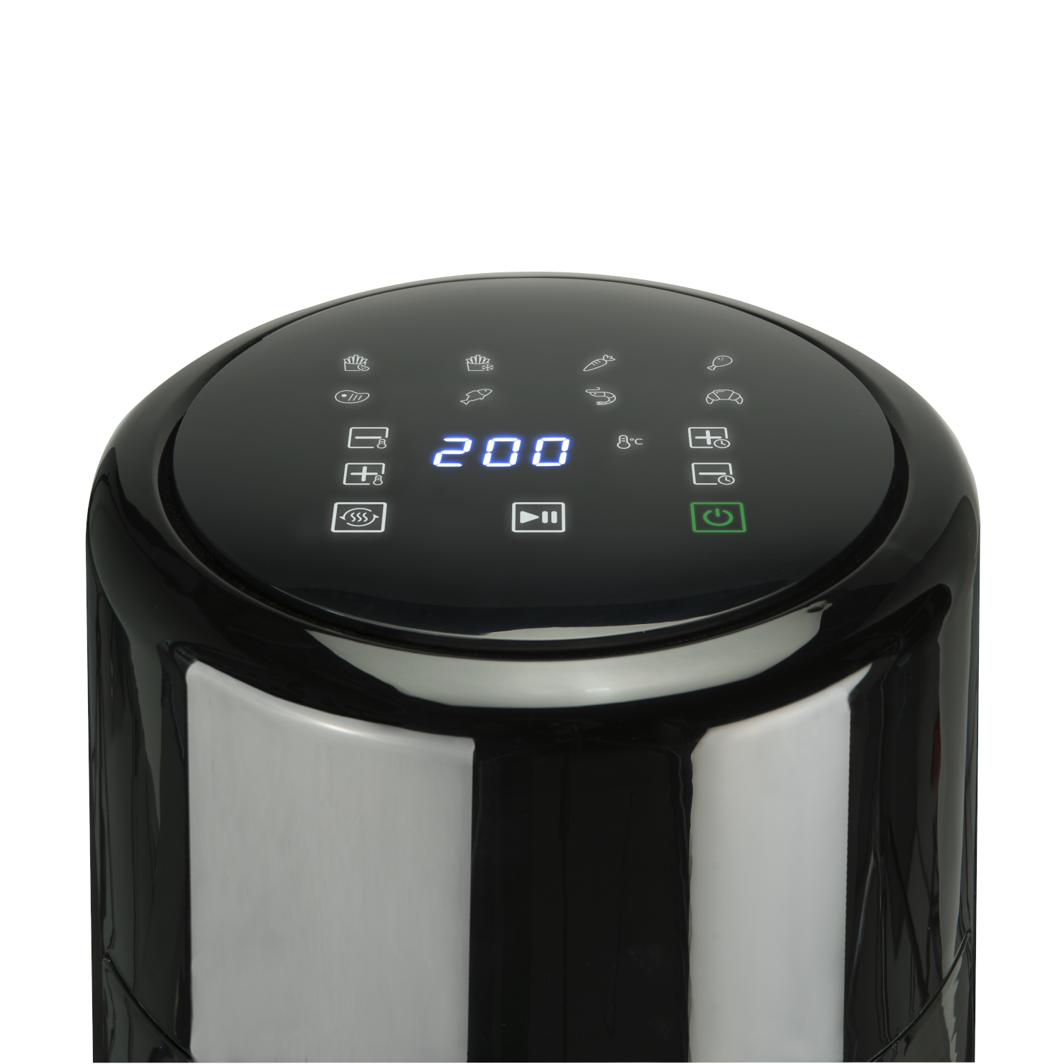 Black air fryer control panel with digital display showing 200 degrees.