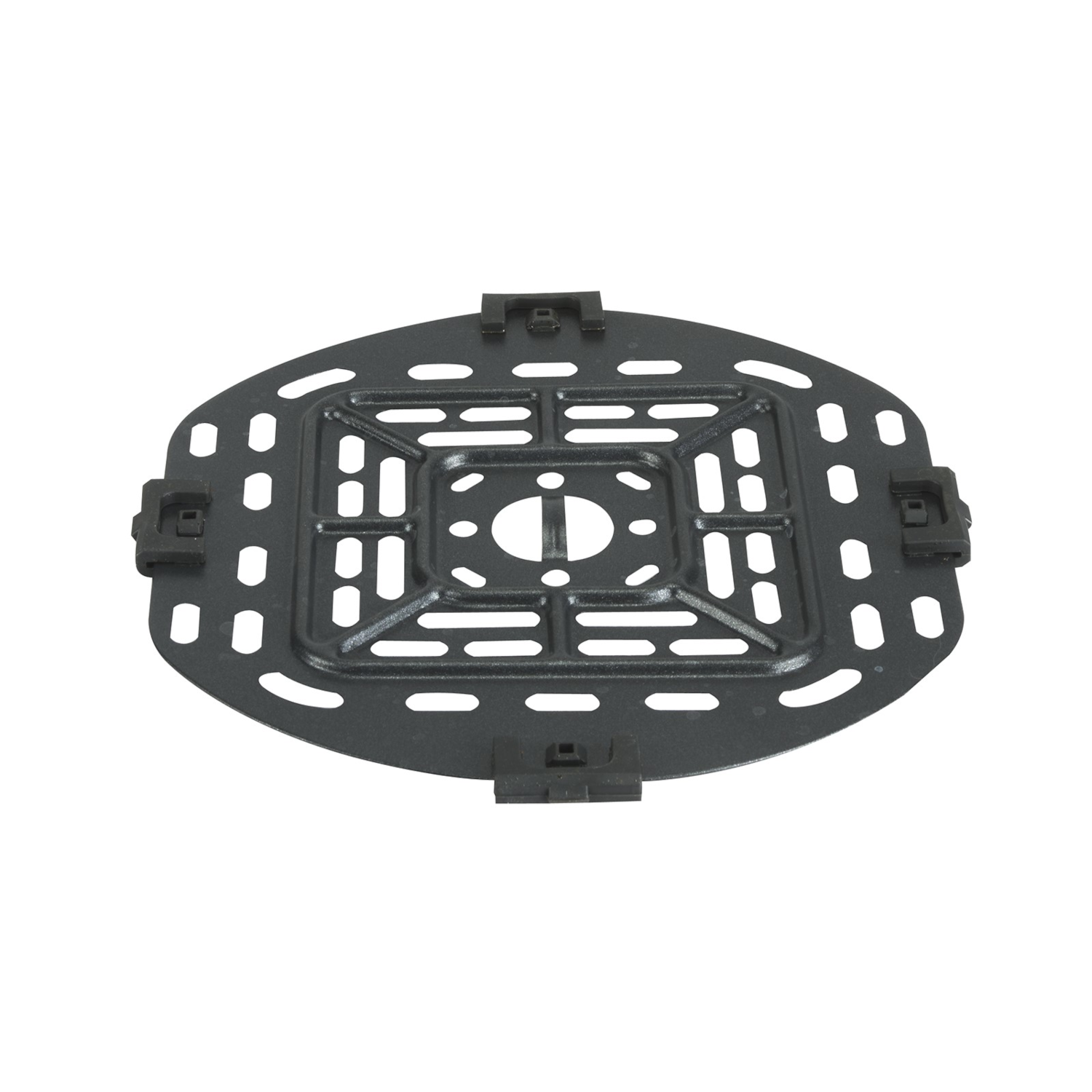 A black, perforated metal air fryer tray with a square central pattern on a white background.