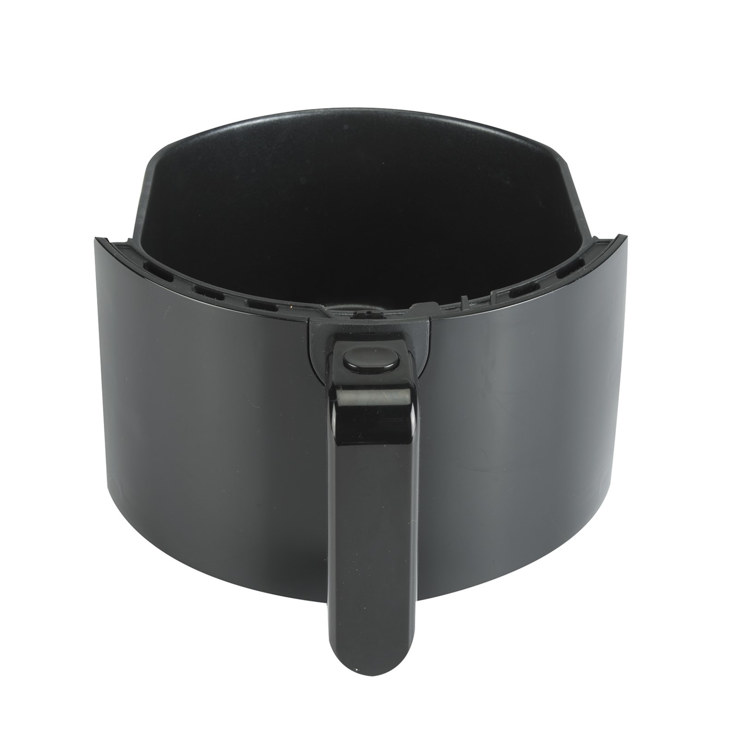 Black air fryer basket with a handle, isolated on white.