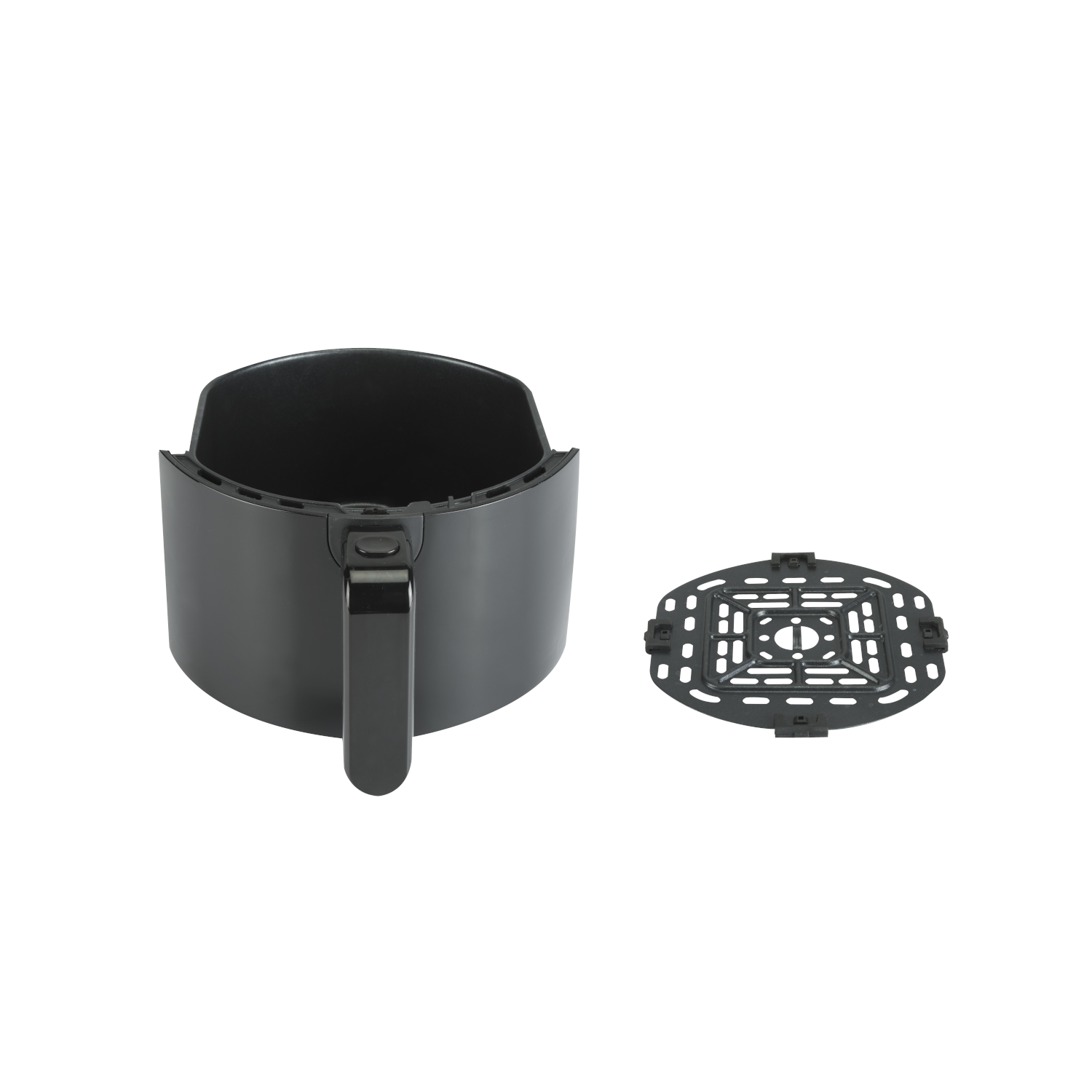 Black air fryer basket with handle and a black, perforated plate. White background.