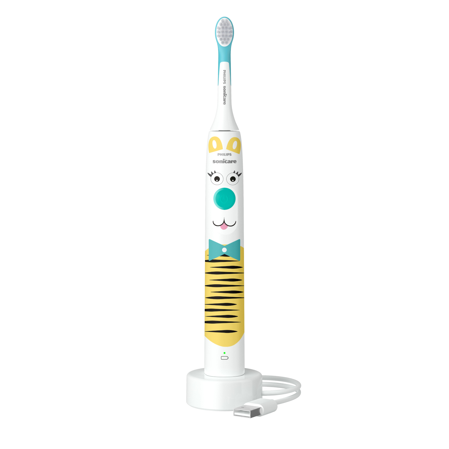 Een witte en gele kindertandenborstel met een cartoongezicht en een oplaadstation.