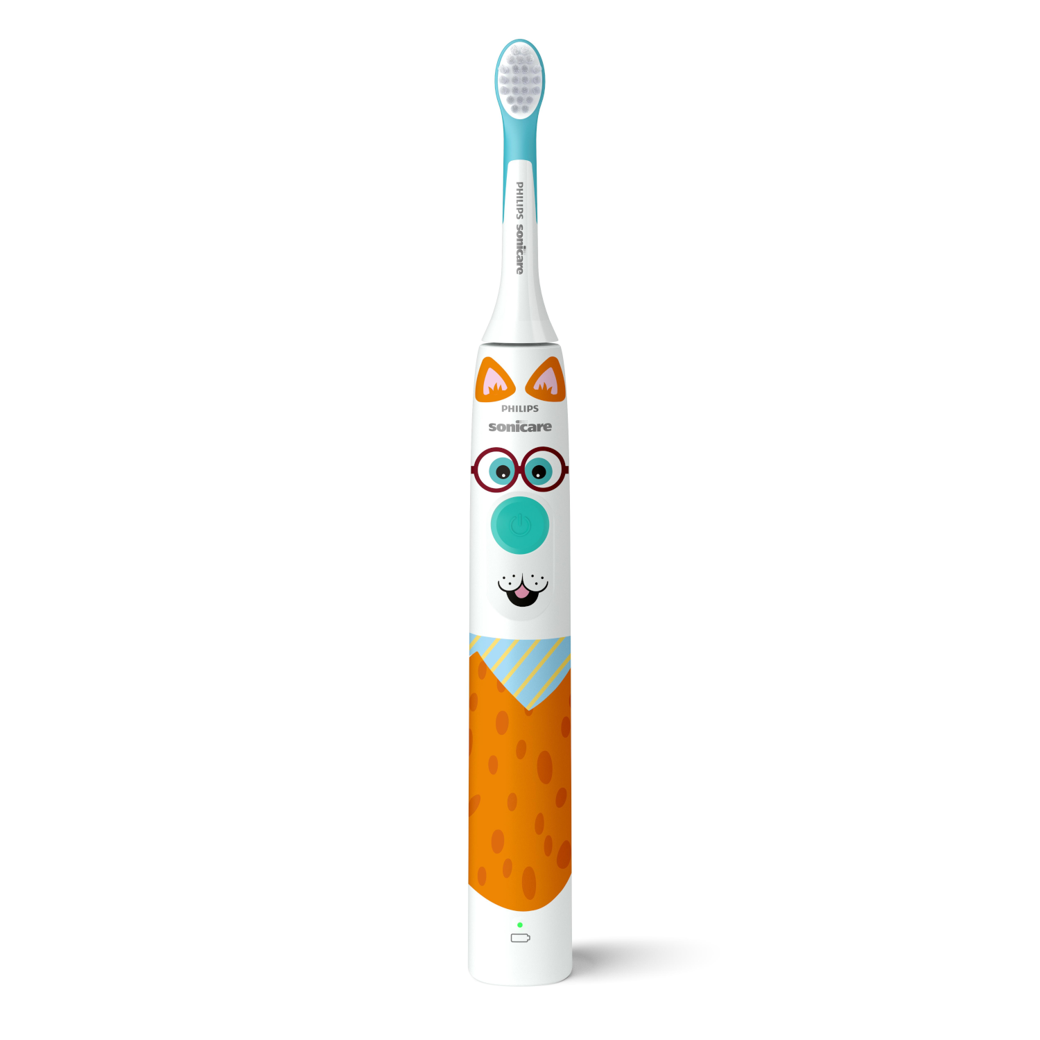 Een elektrische tandenborstel in cartoonstijl voor kinderen met een hondengezicht.