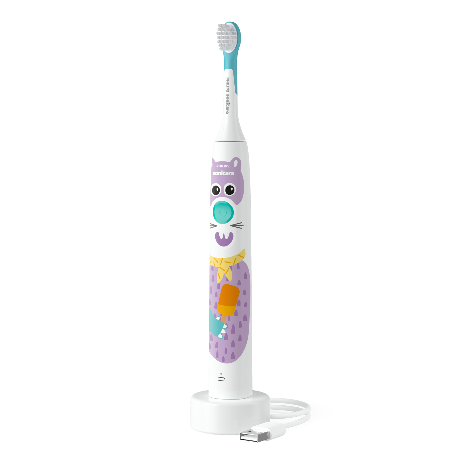Een witte Philips Sonicare kindertandenborstel met cartoonontwerp, op een wit oplaadstation.