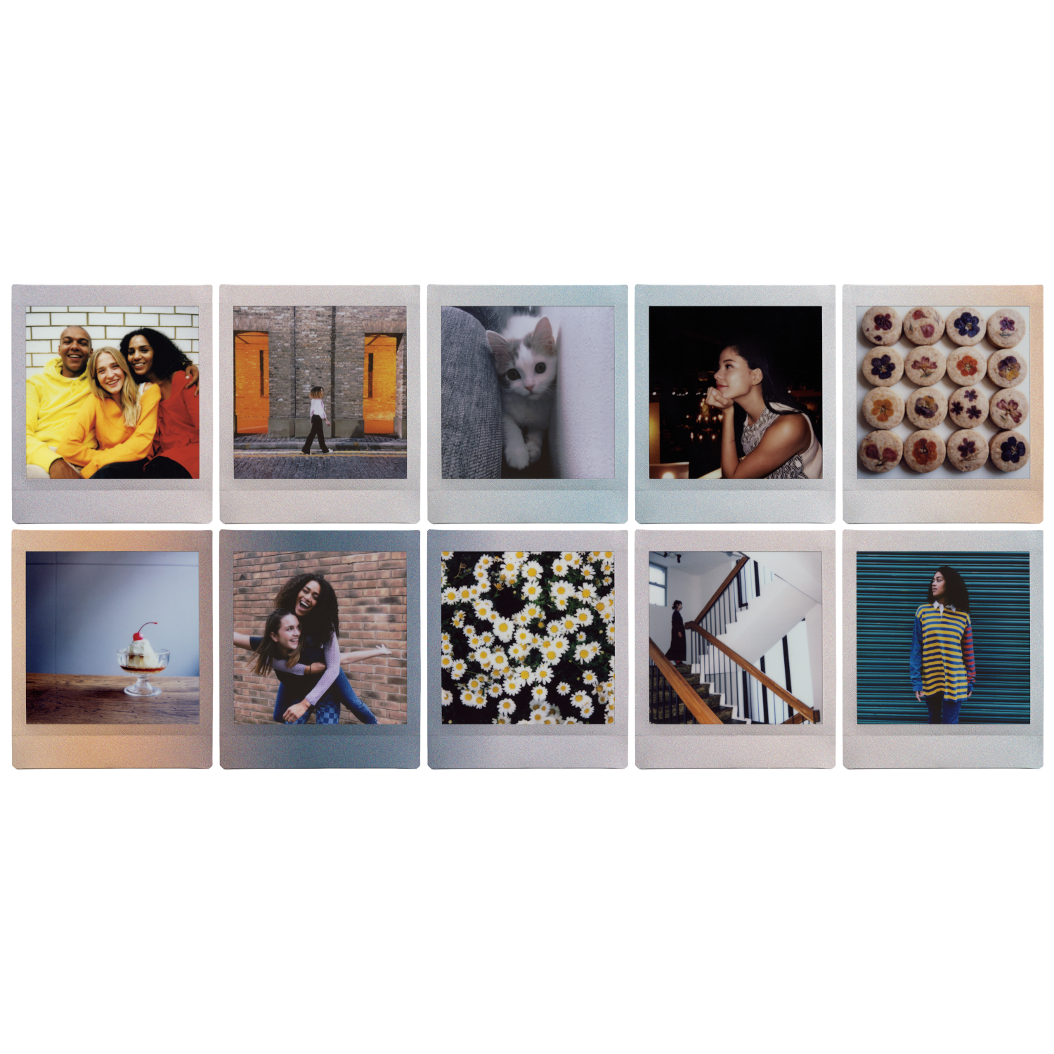 Ten photos in a grid. Subjects include people, cat, flowers, and food items.