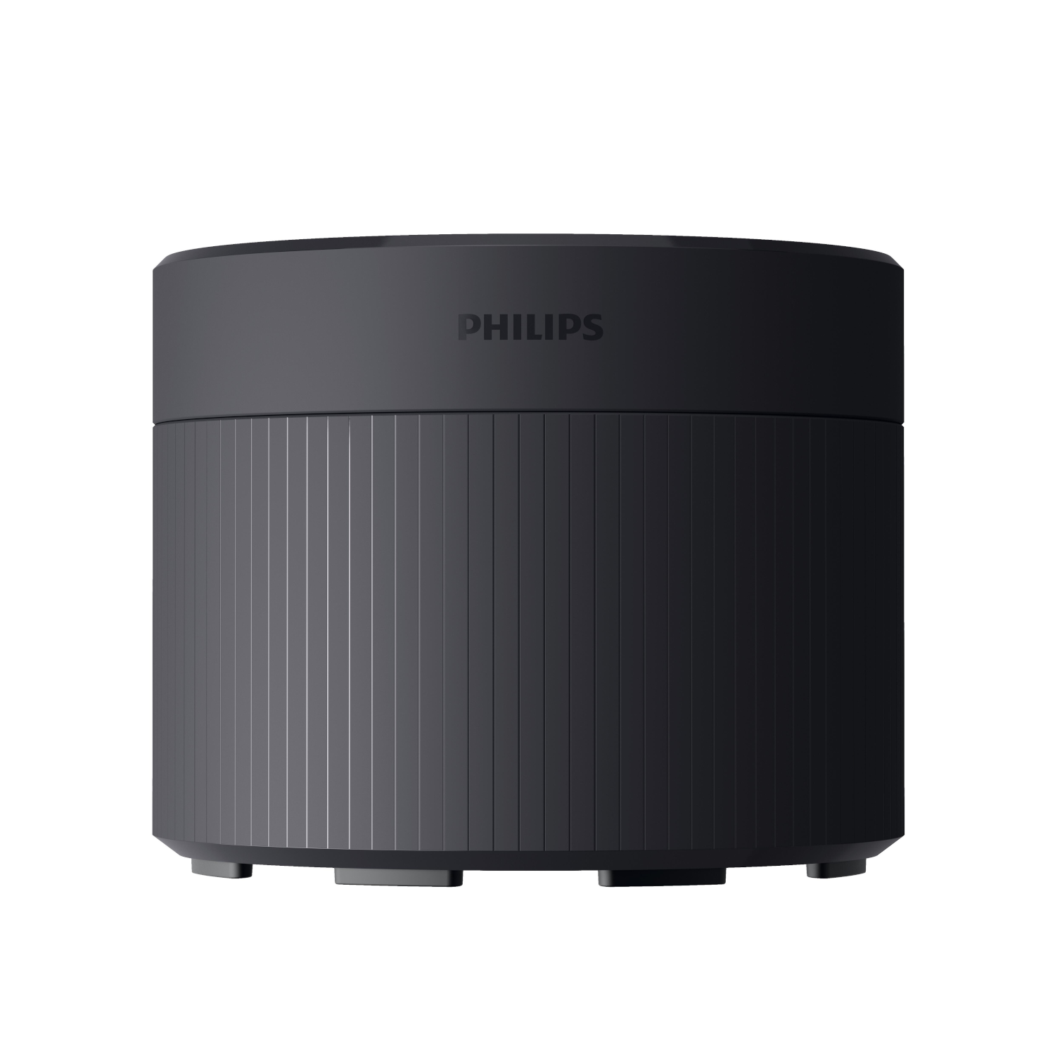 Black Philips speaker on a white background. It has a cylindrical shape with vertical lines.