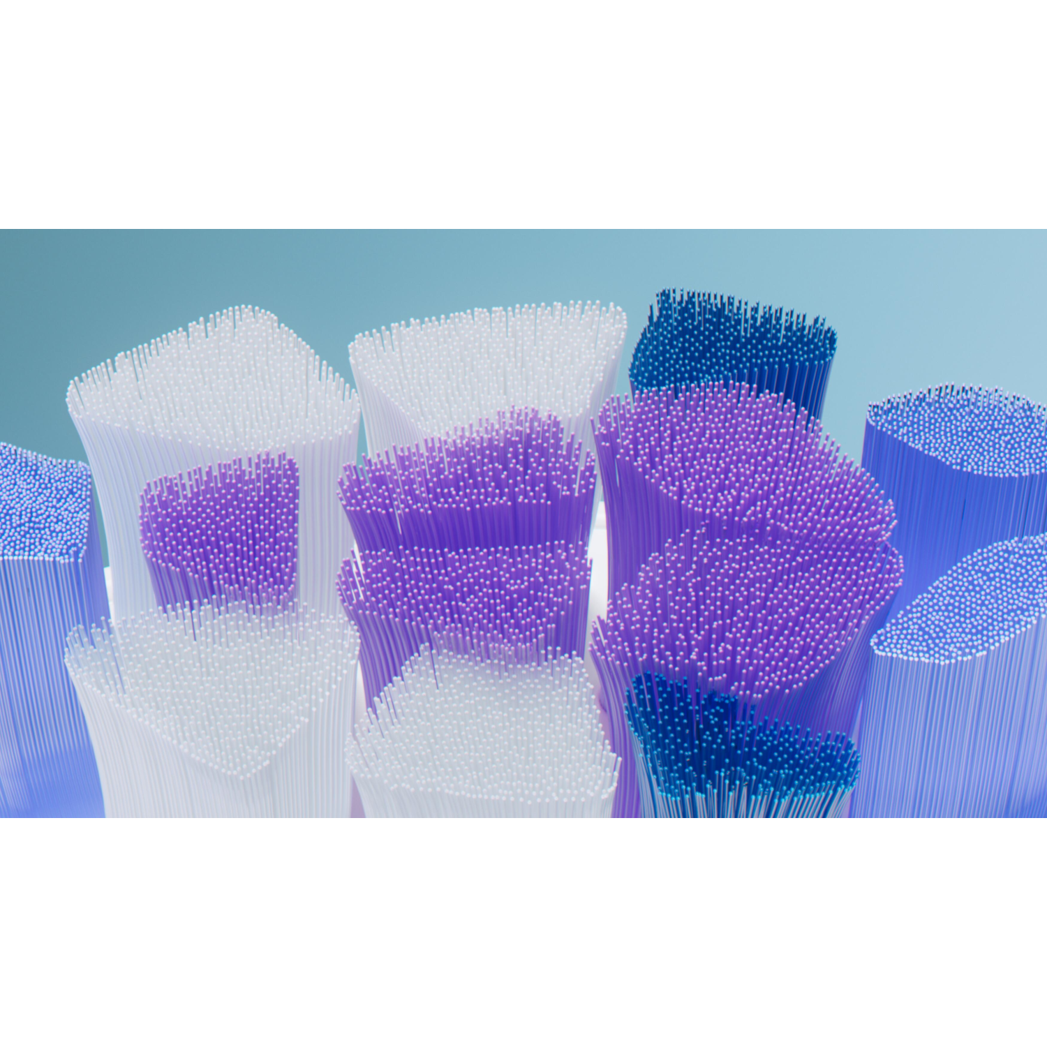 Close-up of several bundles of colorful, thin, cylindrical elements. They are white, purple and blue.