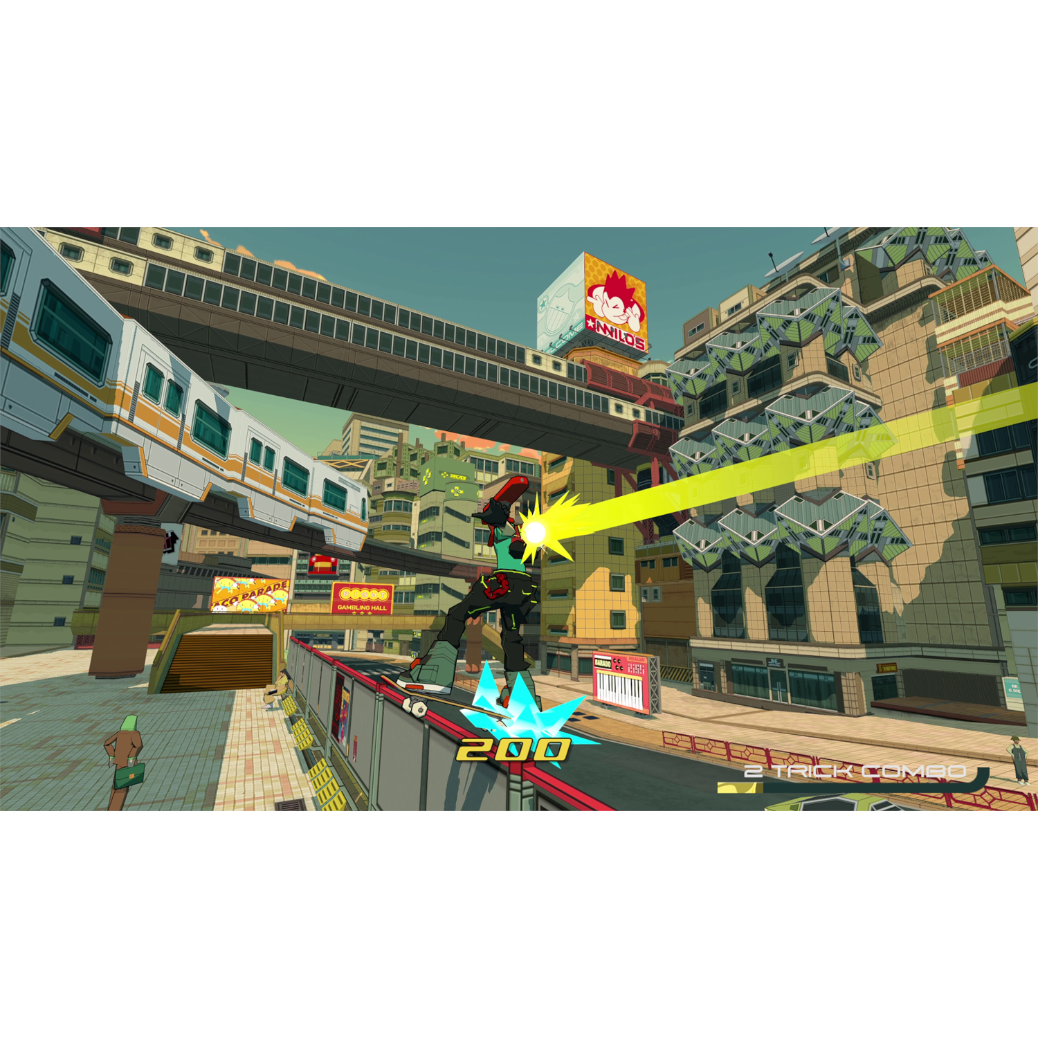 Anime-stijl game scene. Personage op een skateboard in een stedelijke omgeving.