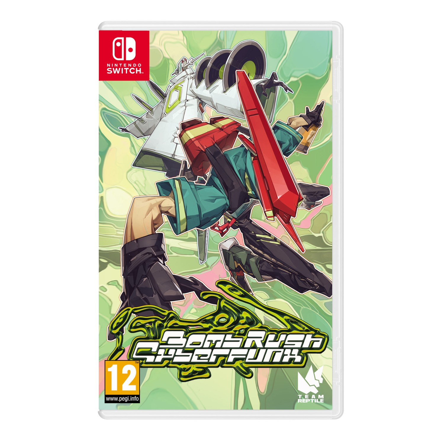 Switch game box art, een personage in een futuristische omgeving.
