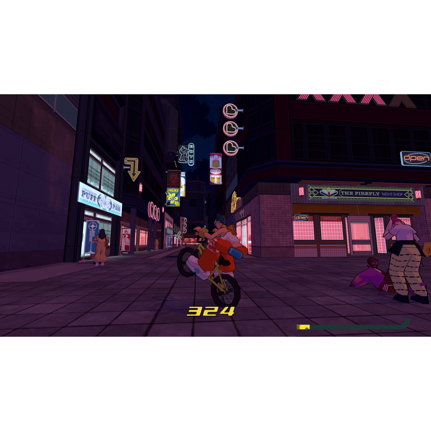Een game scene toont een persoon op een fiets die een wheelie doet op straat. Gebouwen op de achtergrond.