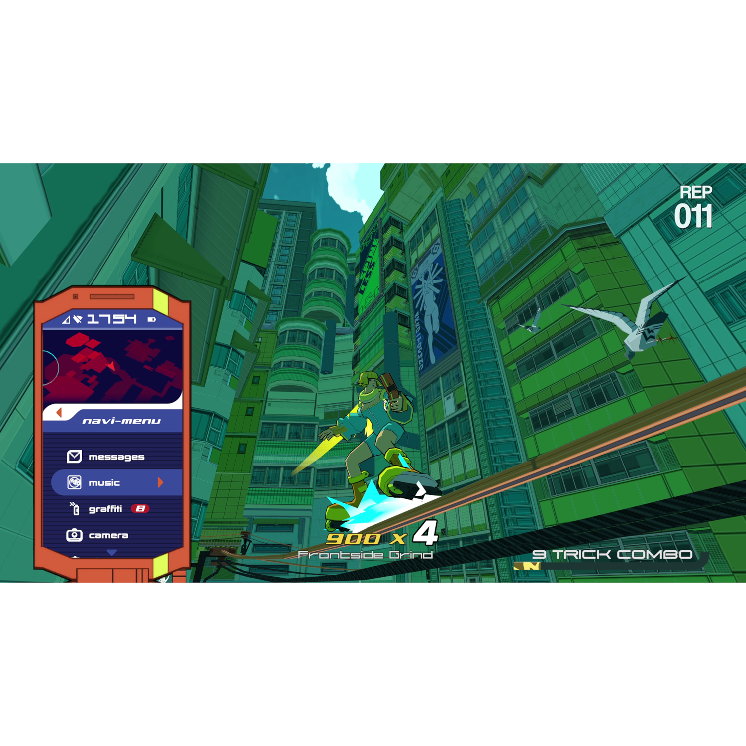 Een videogame scène met een personage op een skateboard, in een stedelijke omgeving met gebouwen.
