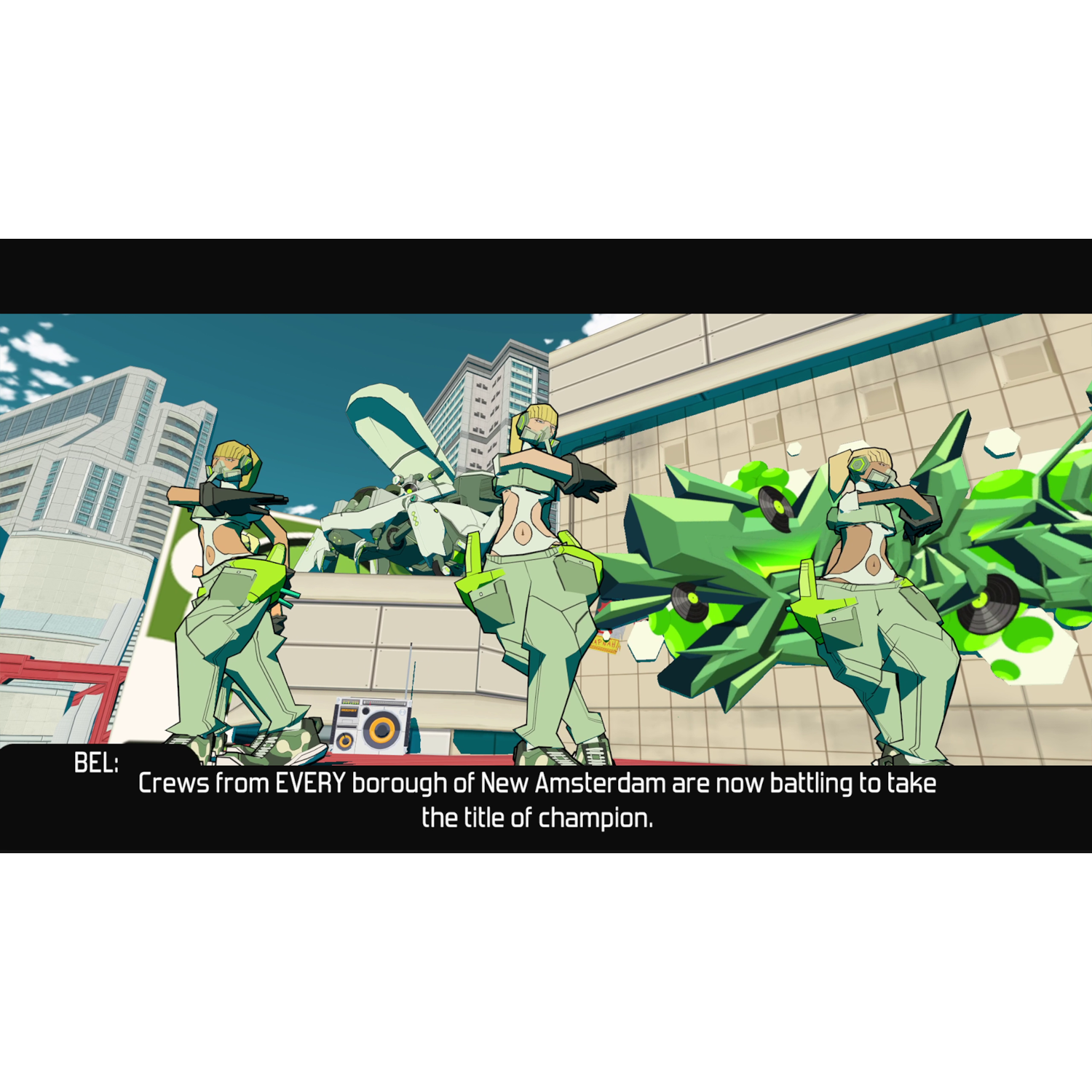 Personages in groene uniformen met wapens in een stad met graffiti.