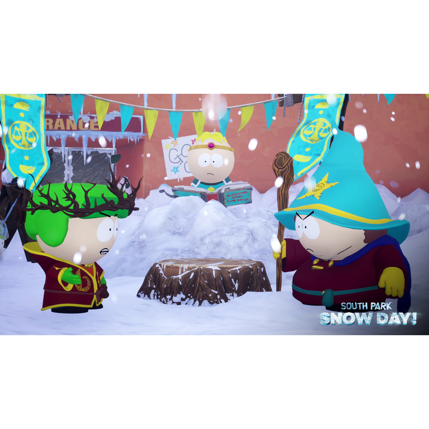 South Park characters in a snowy scene. A wizard, a king and a boy are standing.