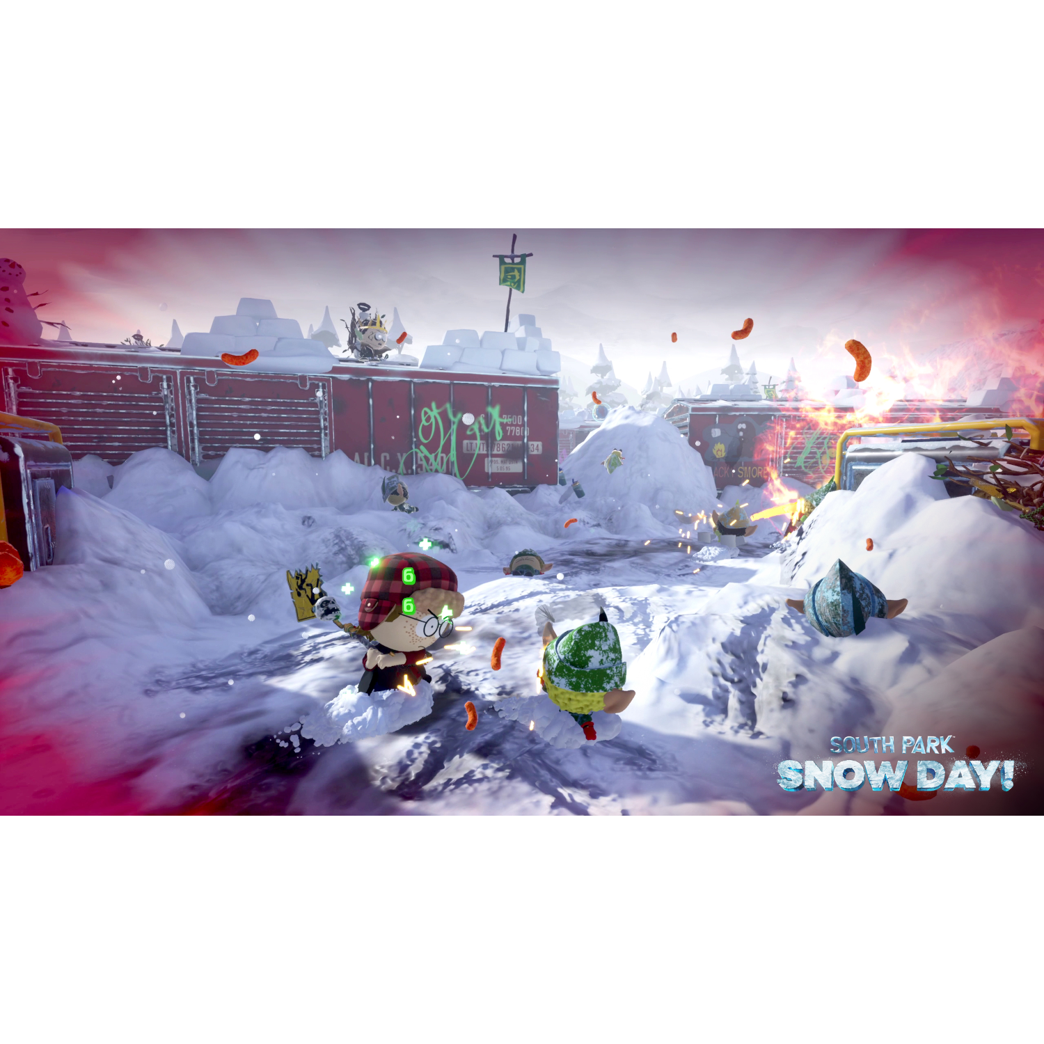 South Park: Snow Day! game scene. Characters fighting in snow, with explosions and frozen elements.
