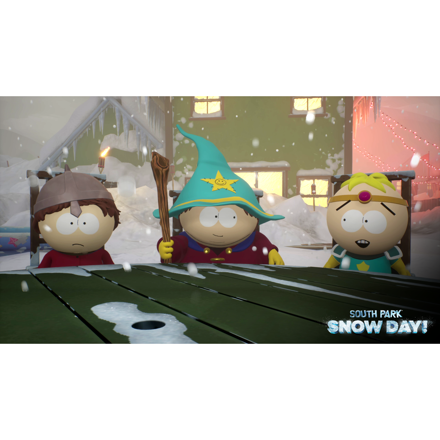 Three South Park characters in a snowy scene, standing behind a wooden table.