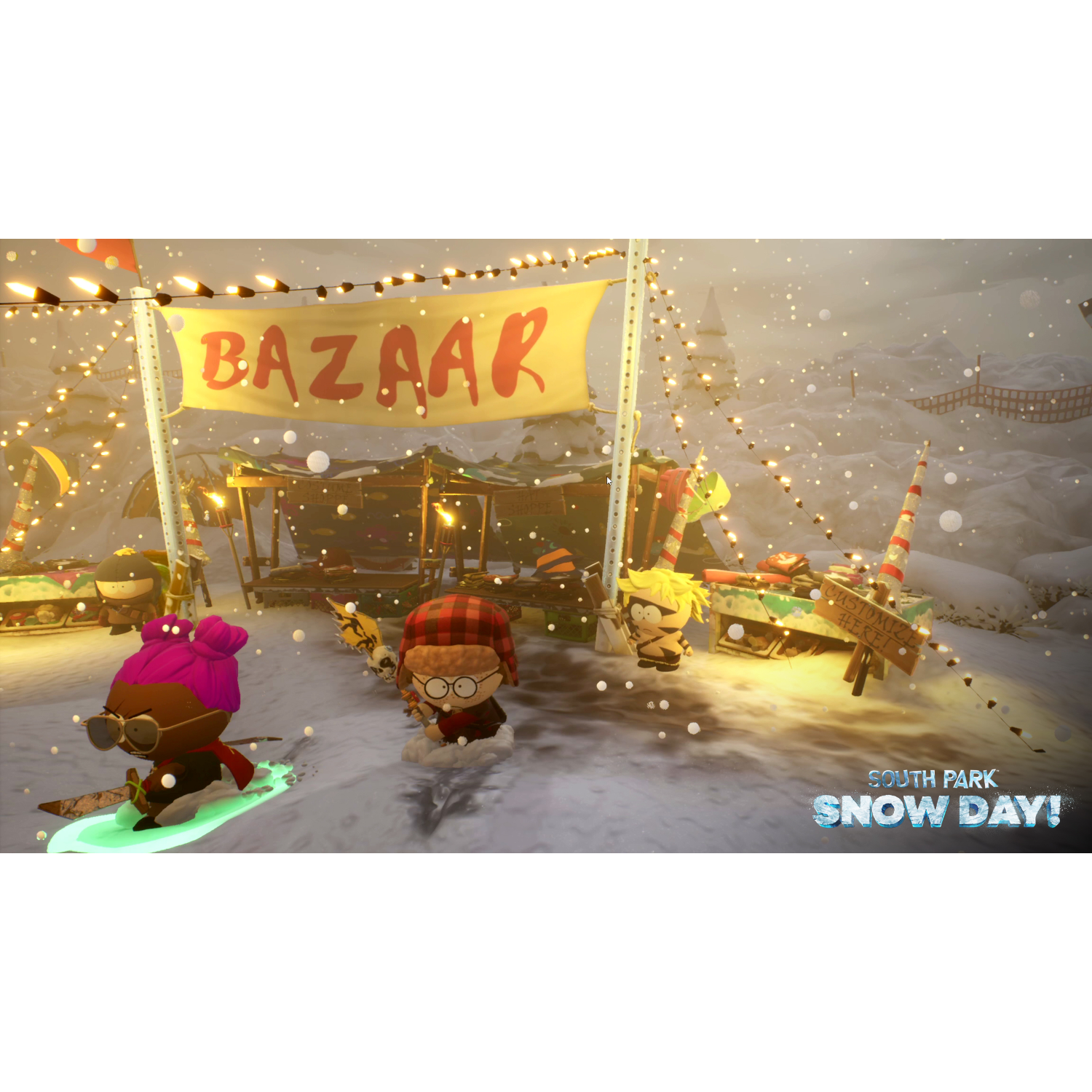 South Park characters at a snowy bazaar with a banner and lights.