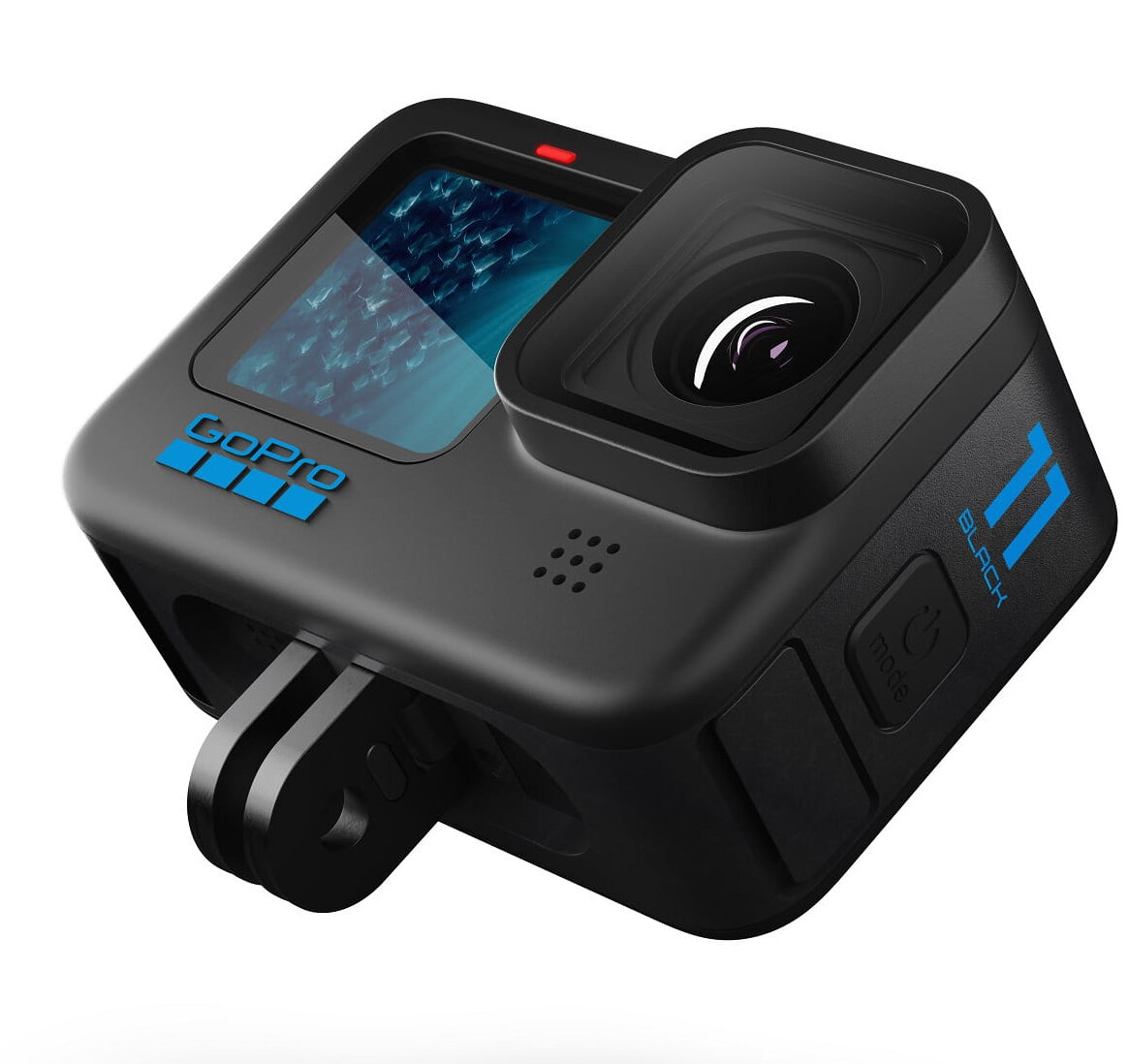 Czarna kamera GoPro, pod kątem, z niebieskim logo GoPro. Widoczny obiektyw.