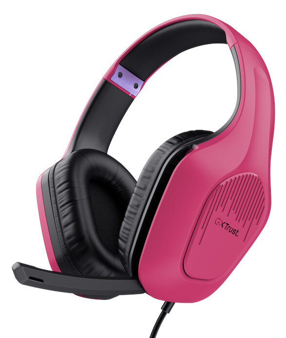 Różowy zestaw słuchawkowy dla graczy z mikrofonem. Nauszniczki są czarne i różowe, z logo marki.
