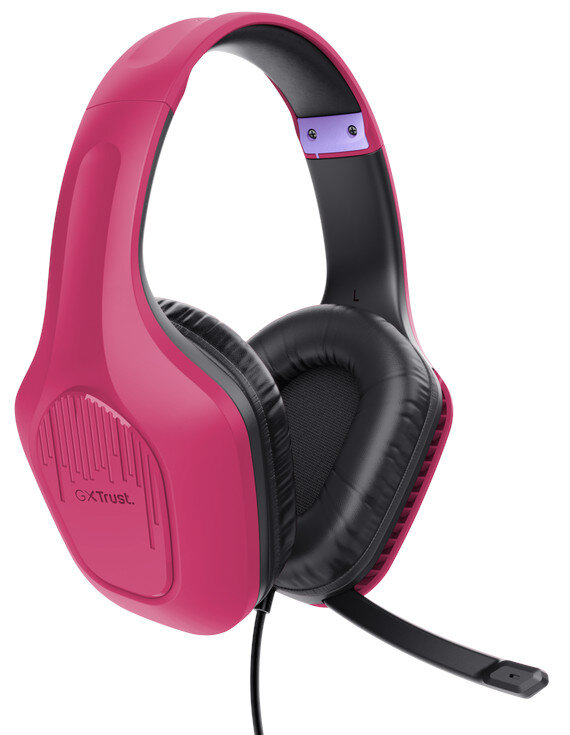 Różowe słuchawki z czarnym mikrofonem. Słuchawki znajdują się na białym tle.