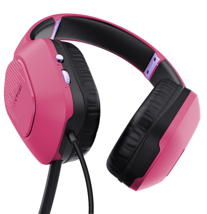 Różowe i czarne słuchawki z mikrofonem. Słuchawki mają zakrzywioną konstrukcję i są na białym tle.