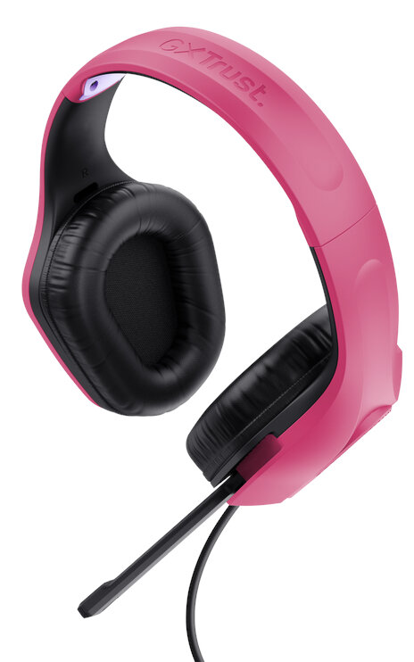 Różowe słuchawki z czarnym mikrofonem. Nazwa marki to GX Trust.