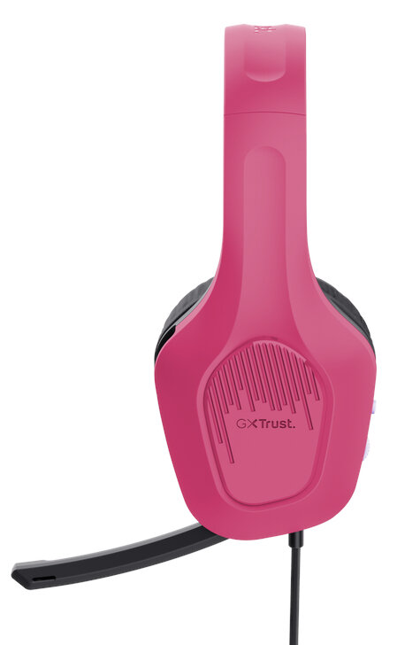 Różowy zestaw słuchawkowy dla graczy z mikrofonem, zbliżenie, białe tło, widok z boku.