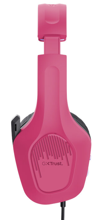 Różowy zestaw słuchawkowy dla graczy widziany z boku, z mikrofonem i kablem.
